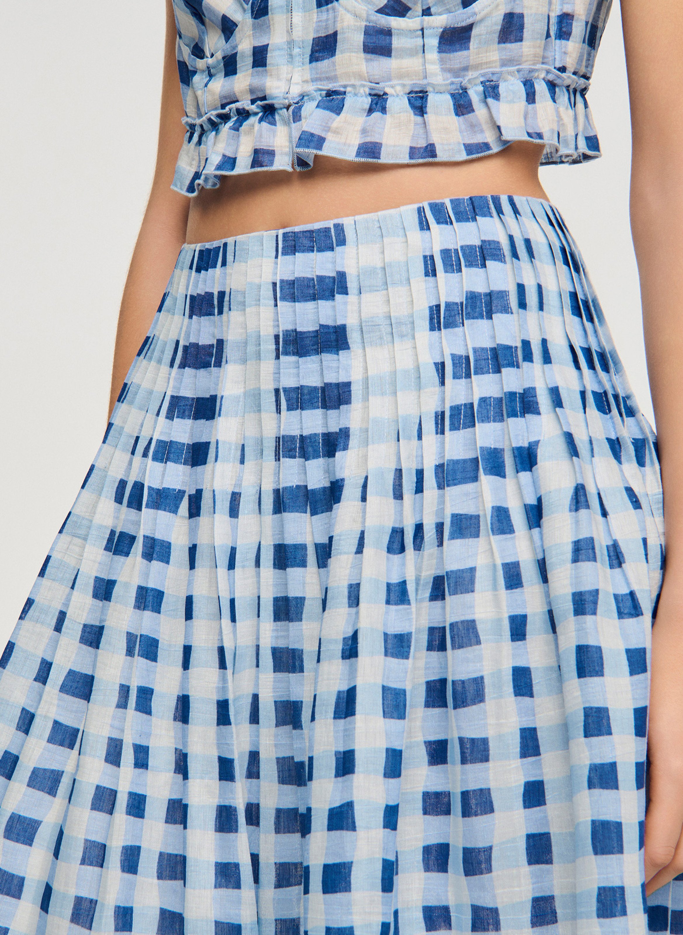 Jupe midi carreaux de vichy en lin mélangé SANDRO Bleu