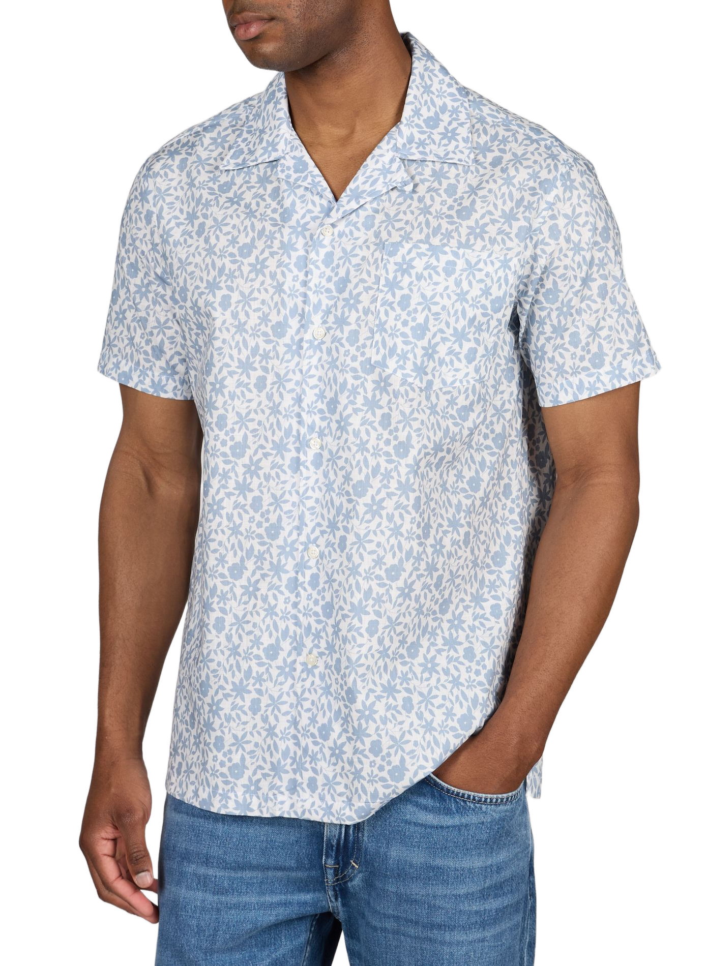 Short-sleeve cotton shirt with floral pattern AU PRINTEMPS PARIS Blue