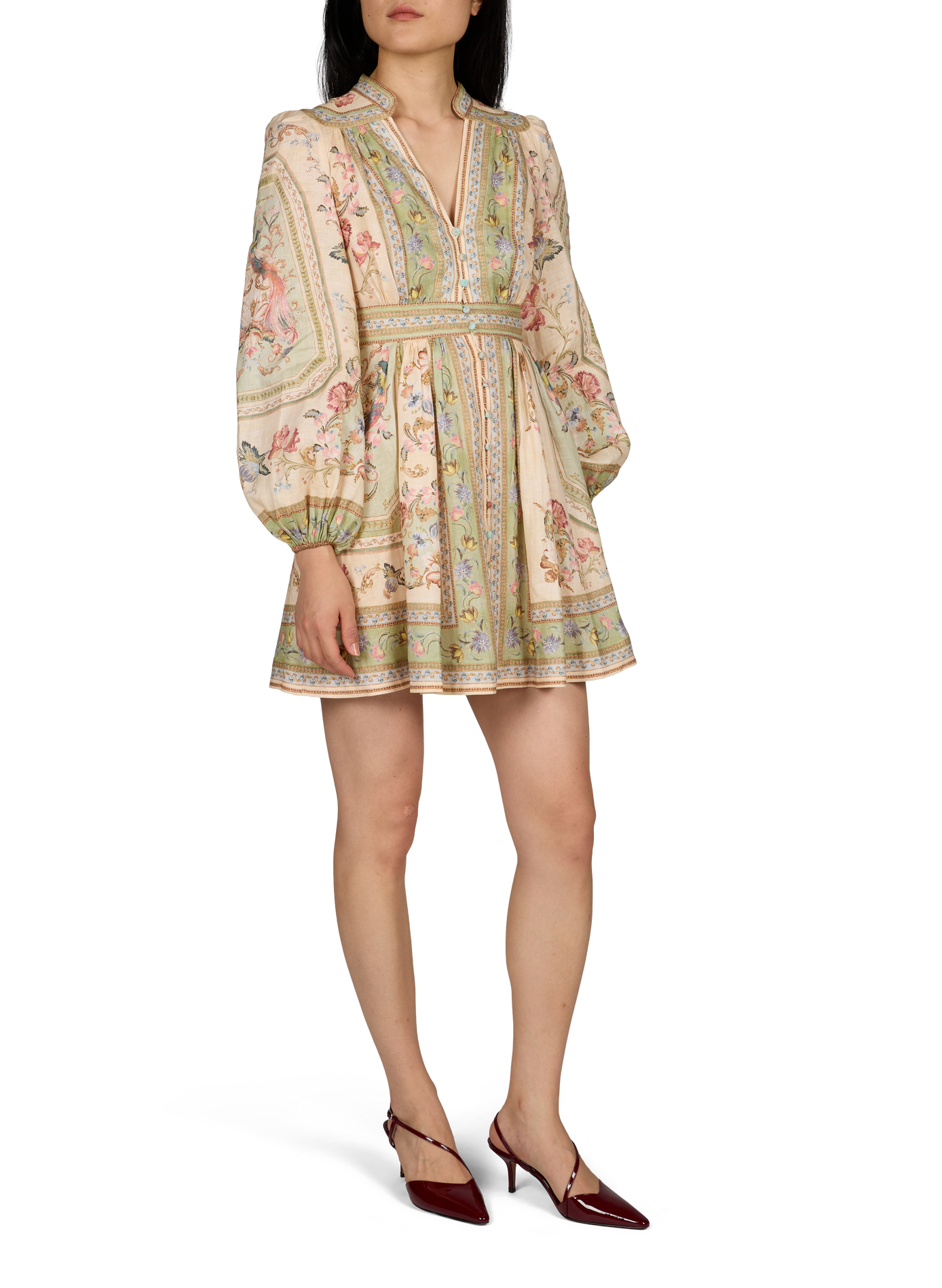 Kurzes Kleid mit Blumenmuster aus Leinen und Baumwolle ZIMMERMANN Grun