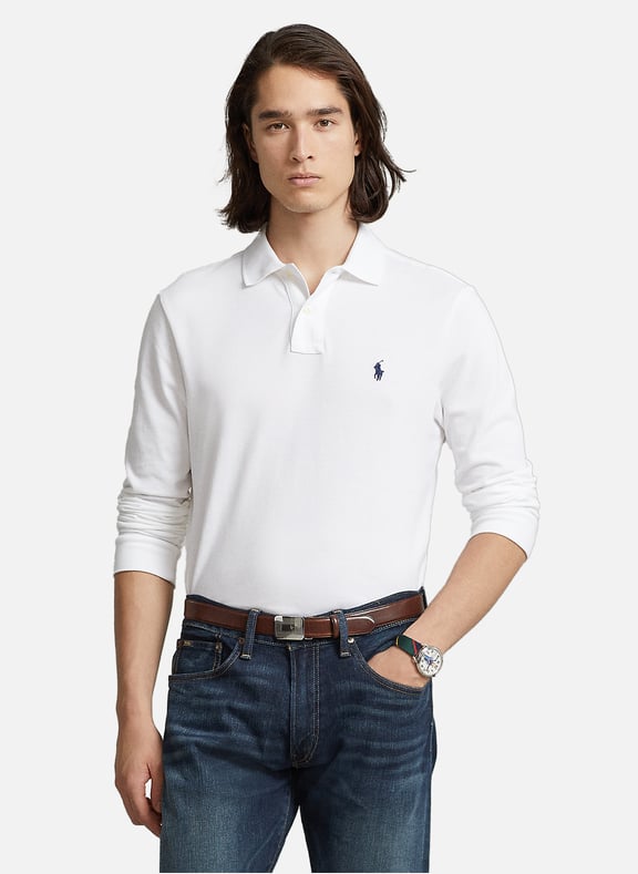 Long-sleeved slim-fit cotton piqué knit polo shirt White by POLO RALPH LAUREN POLO RALPH LAUREN Long-sleeved slim-fit cotton piqué knit polo shirt White