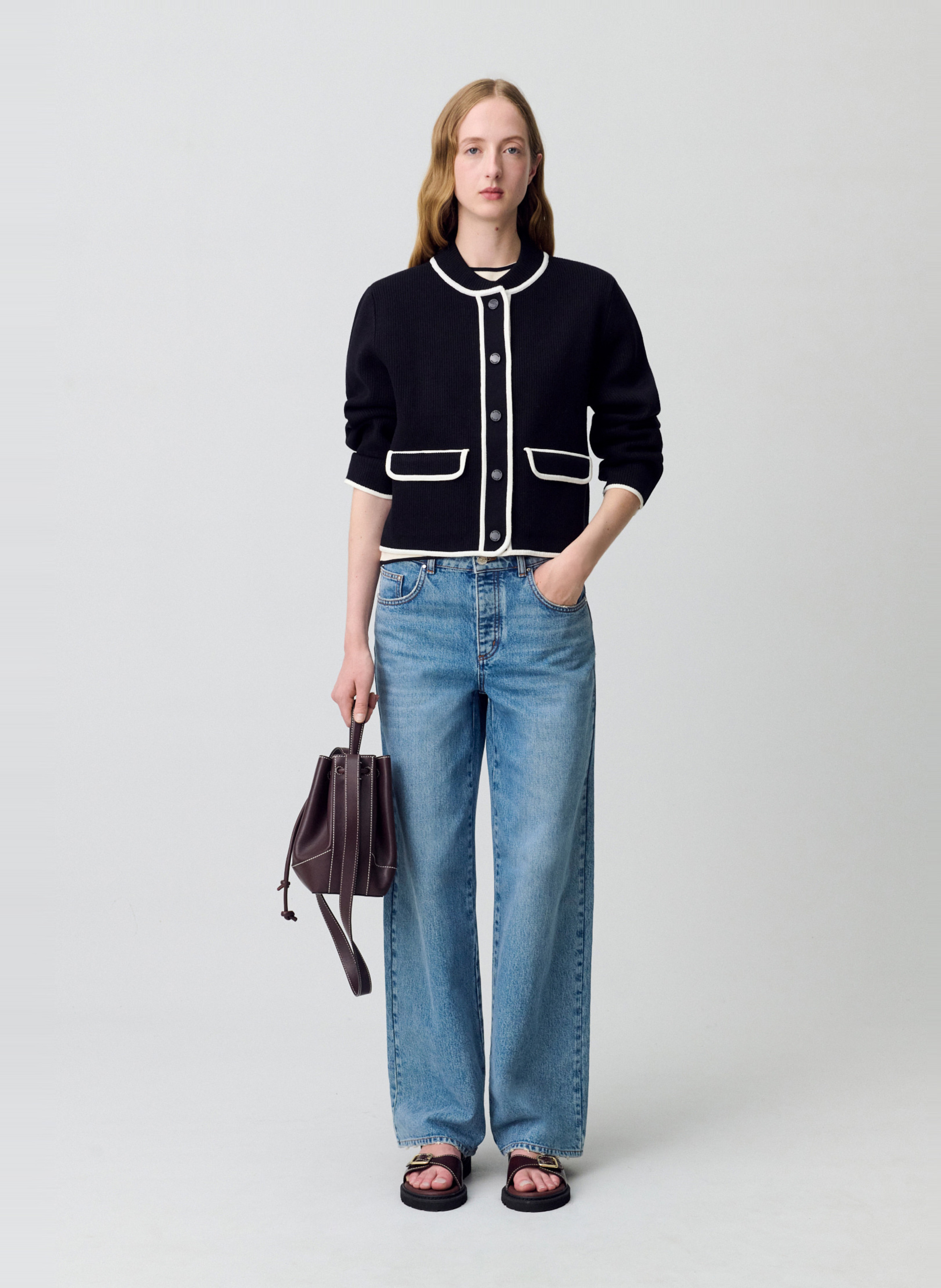 Cardigan col teddy bicolore Noir