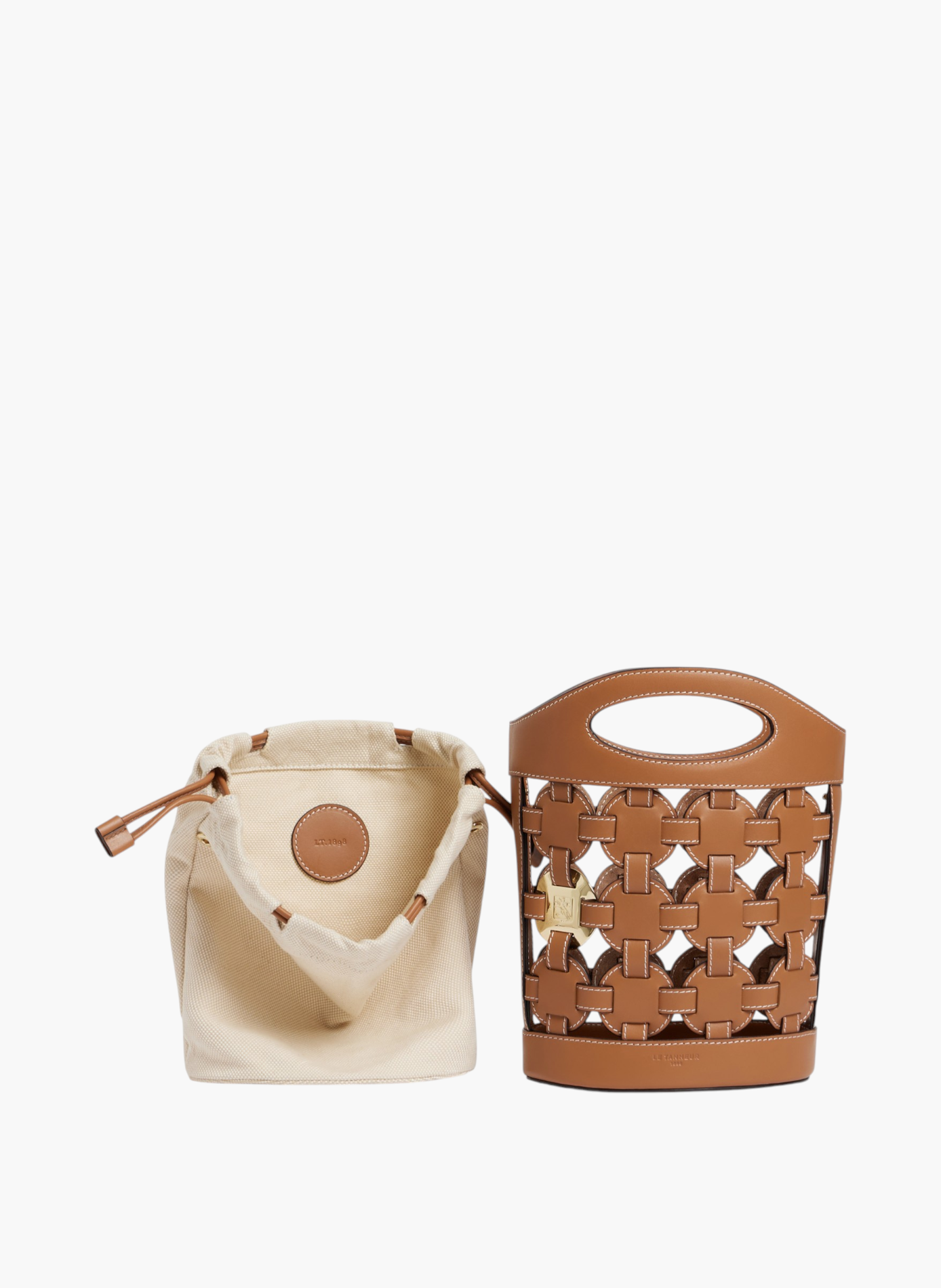 Petit sac seau le potier en toile coton et cuir lisse LE TANNEUR Marron