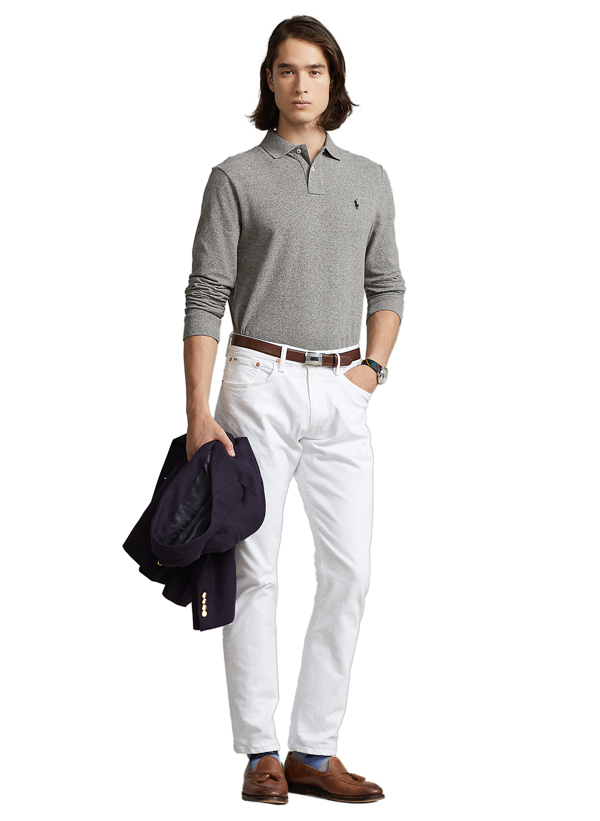 Long-sleeved slim-fit cotton piqué knit polo shirt POLO RALPH LAUREN Grey