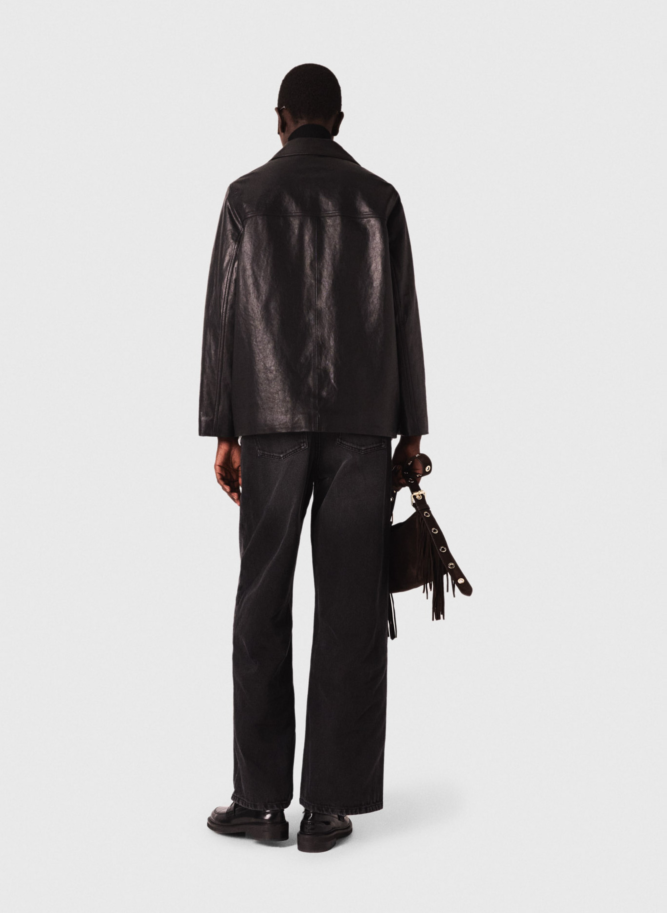 Veste col tailleur en cuir MAJE Noir