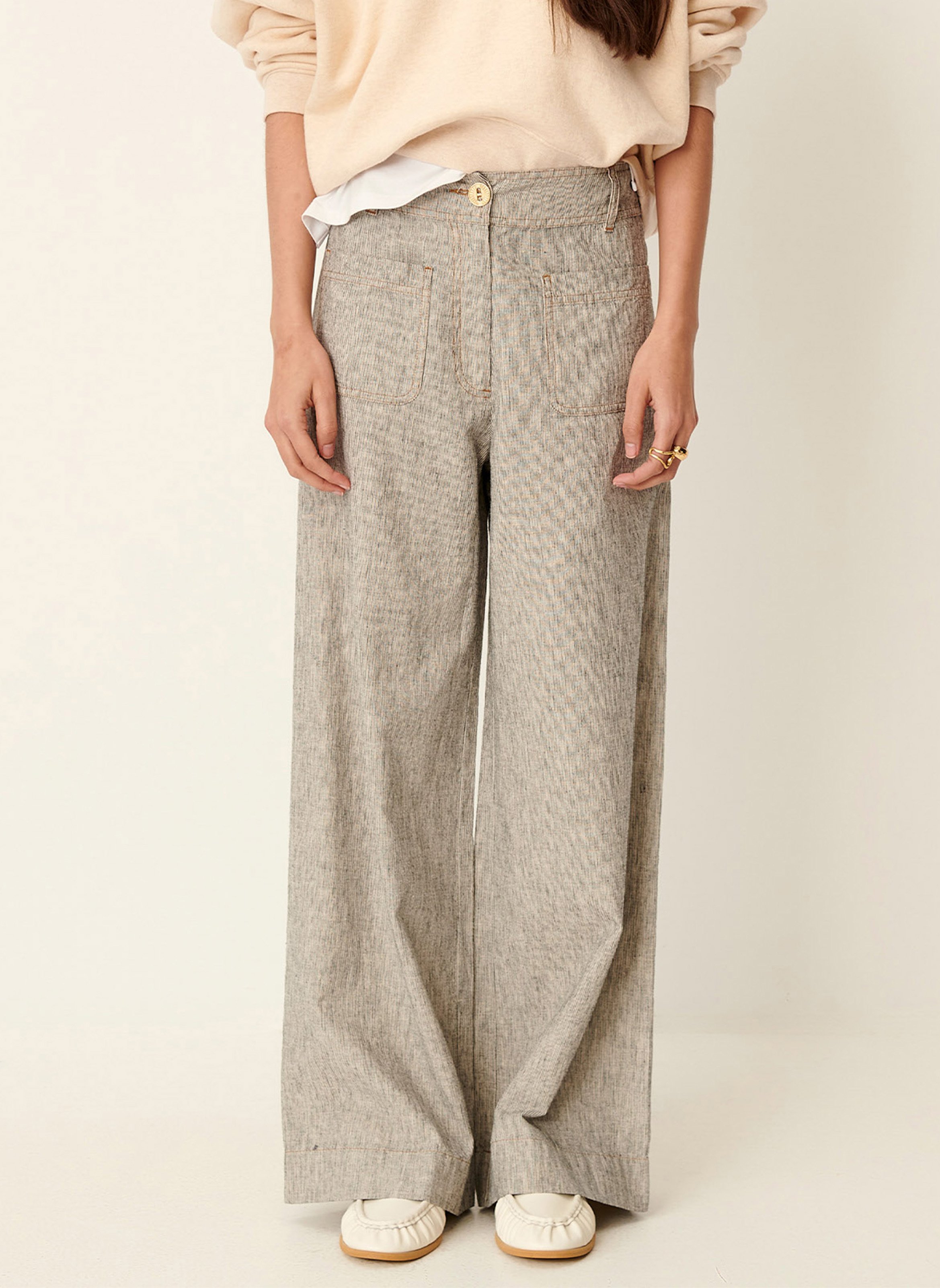 Pantalon large taille haute en lin et coton mélangé manhatti SESSUN Gris