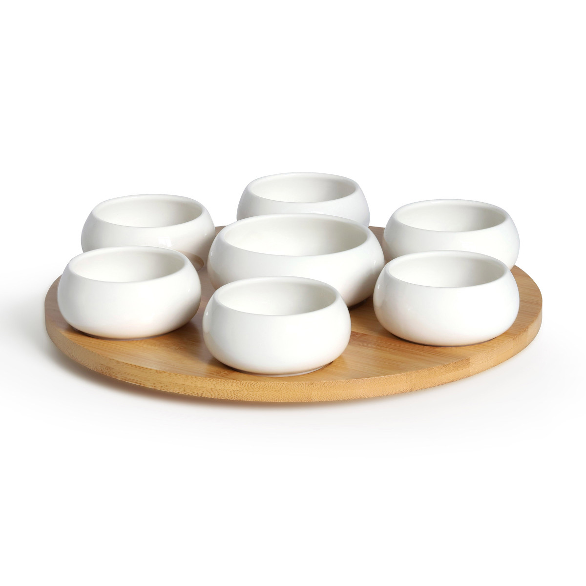 Tapas - set 7 coupelles apéritives en céramique avec plateau en bambou tournant MEDARD DE NOBLAT Blanc
