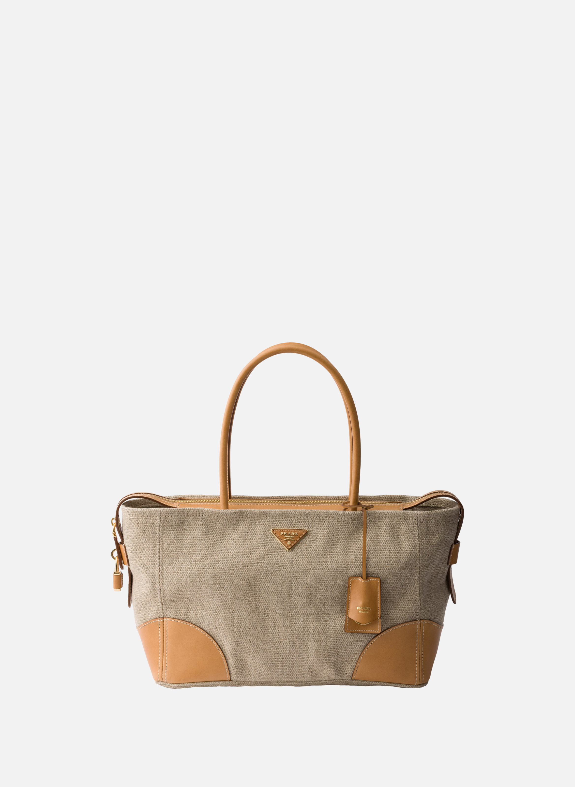 Grand cabas en lin et cuir PRADA Beige