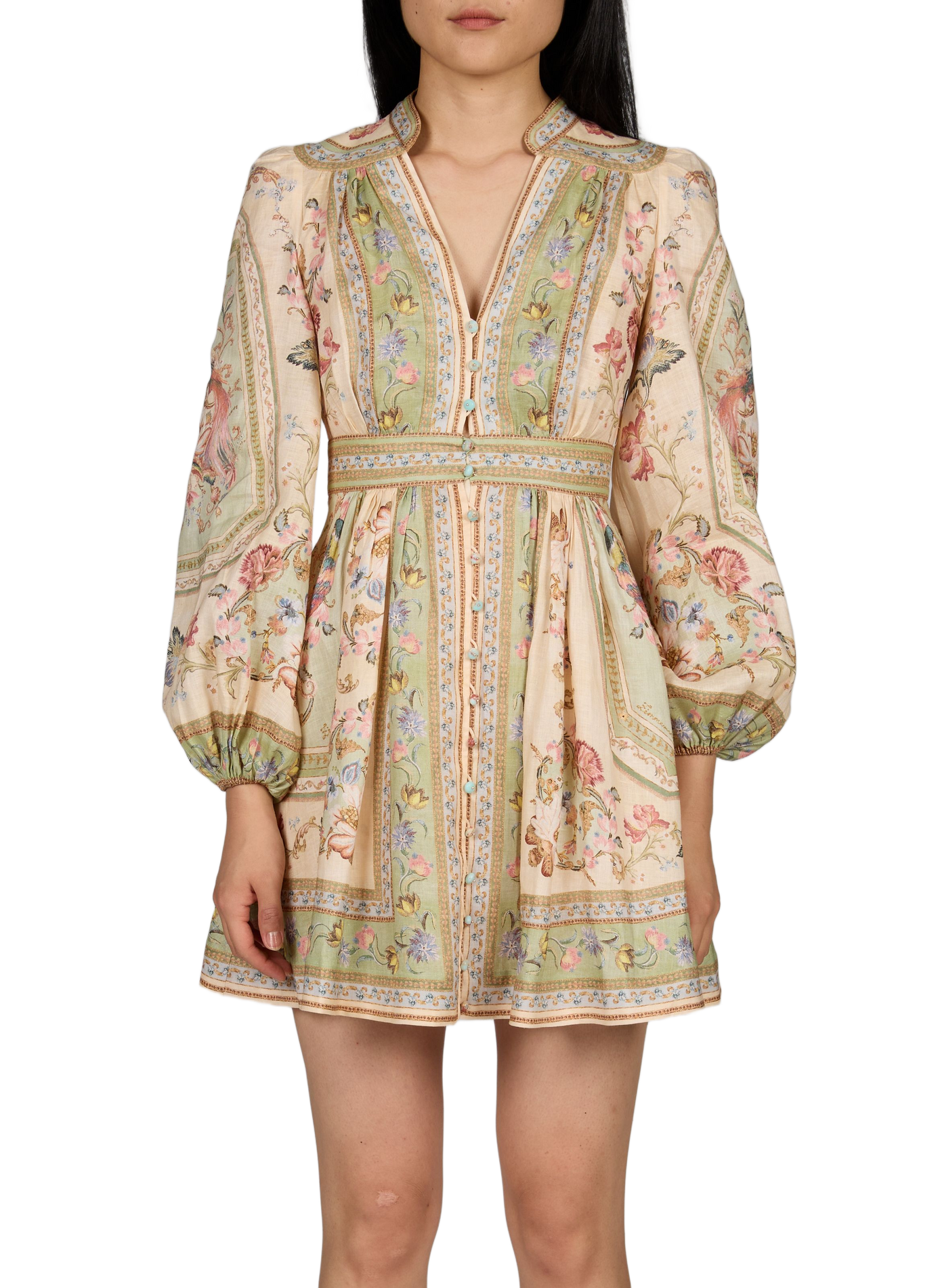 Kurzes Kleid mit Blumenmuster aus Leinen und Baumwolle ZIMMERMANN Grun