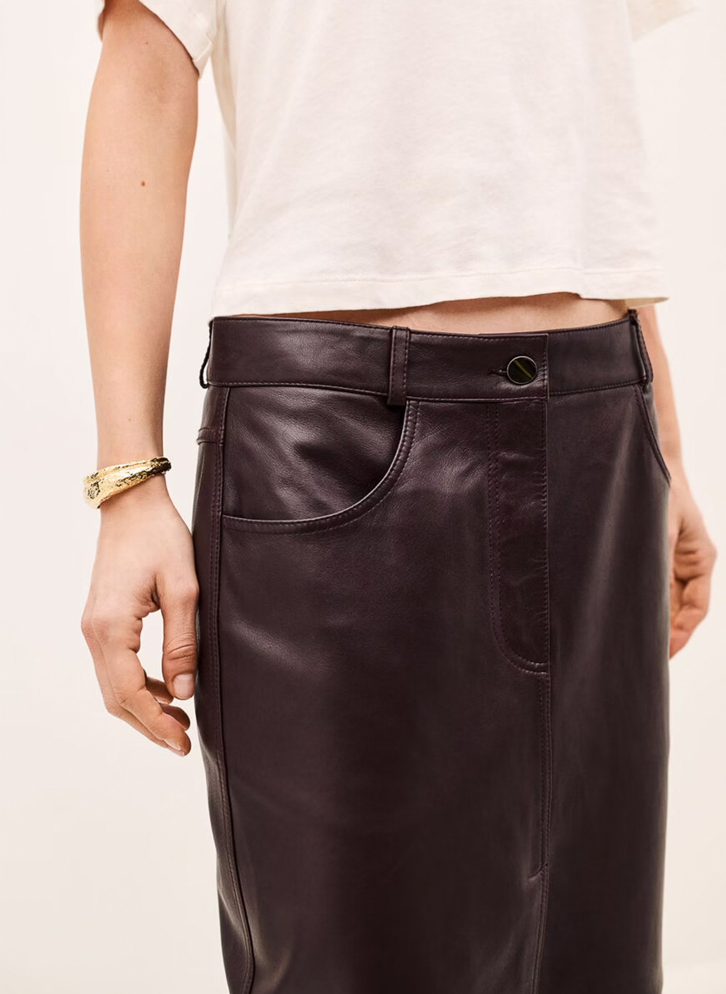 Jupe midi droite en cuir solene BA&SH Violet