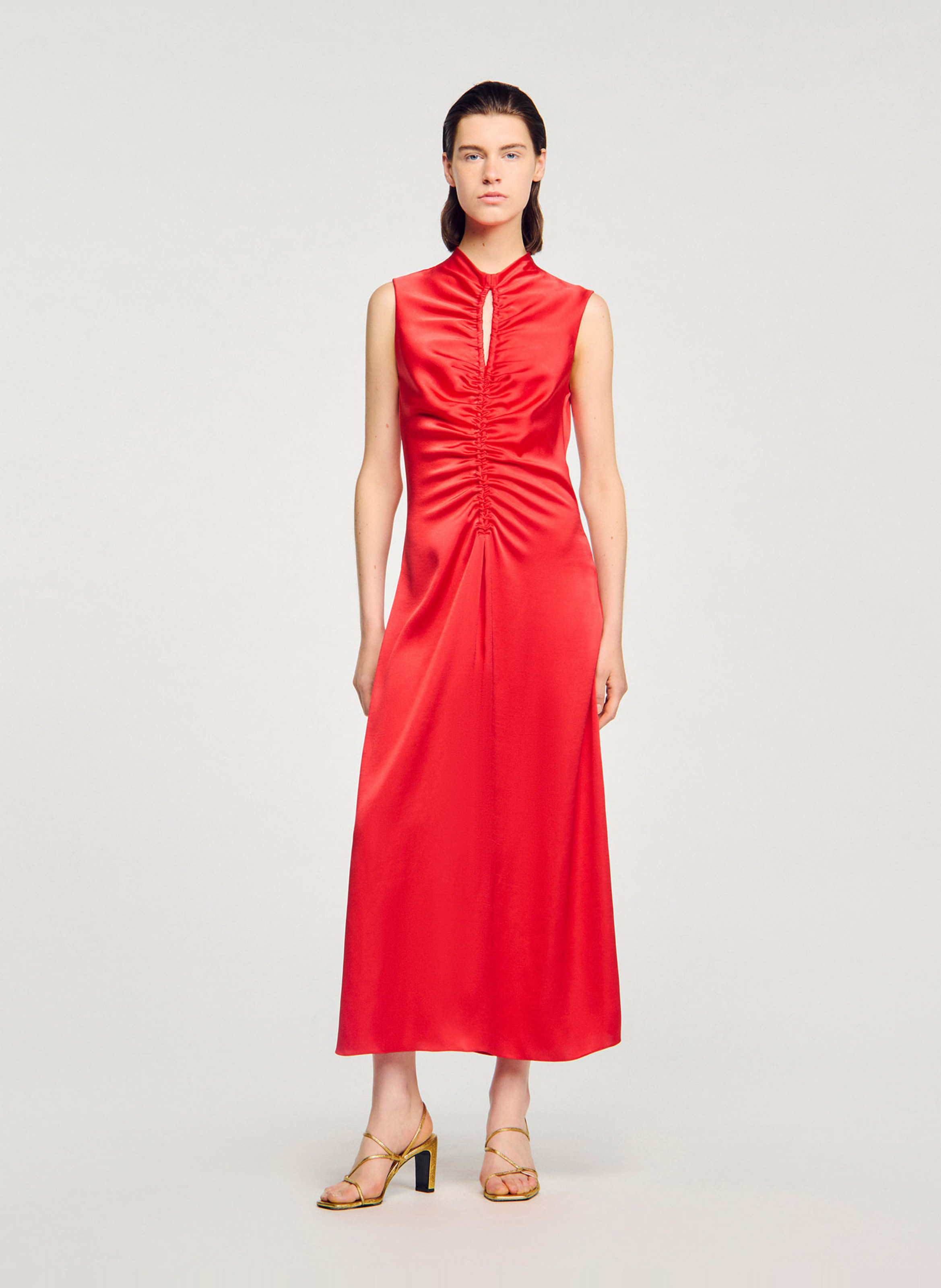 Robe longue col rond satinée SANDRO Rouge