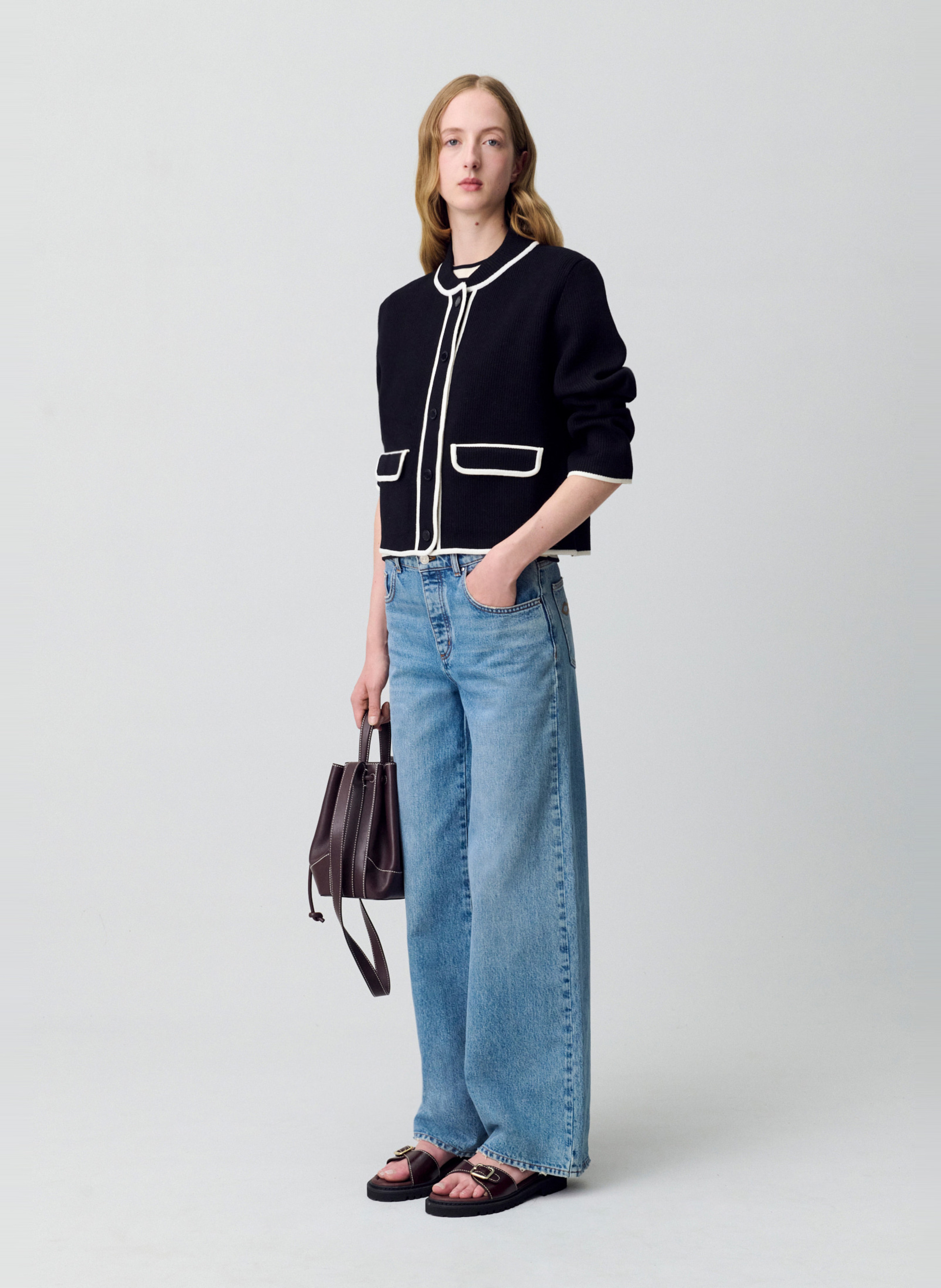 Cardigan col teddy bicolore Noir