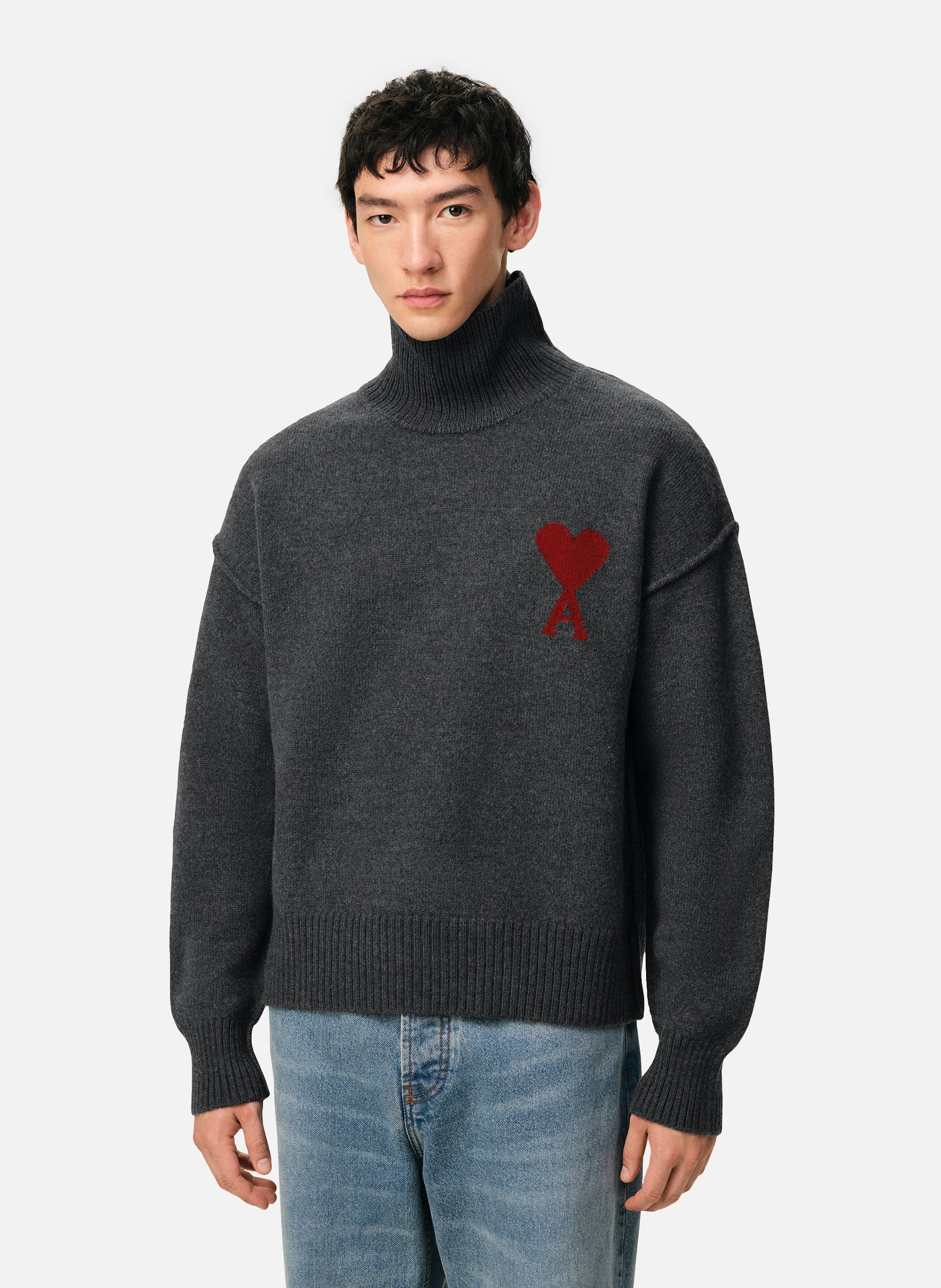 Pull Col Cheminée Ami De Coeur En Laine unisexe AMI PARIS Gris