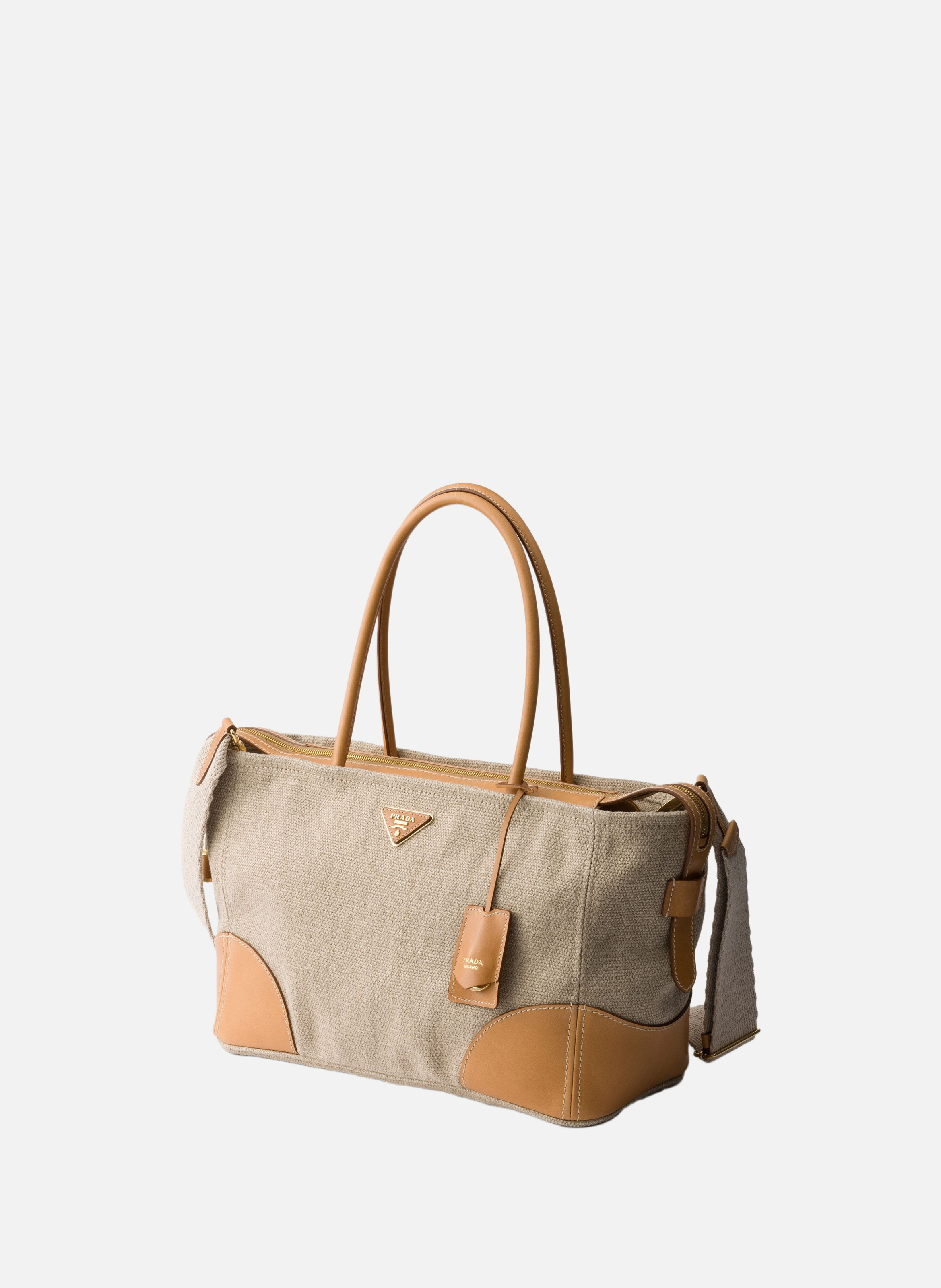 Grand cabas en lin et cuir PRADA Beige