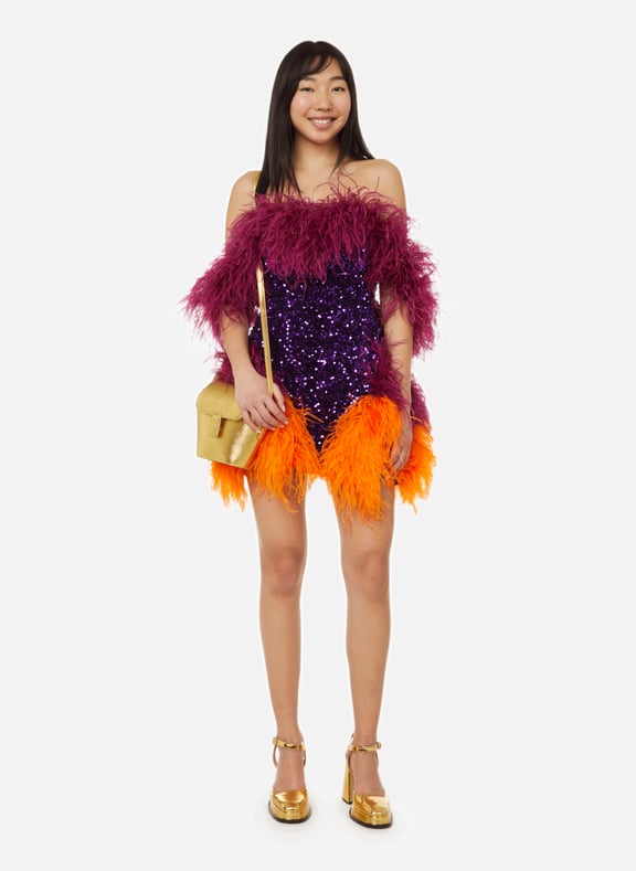Feather and sequin mini dress Purple by GERMANIER GERMANIER Feather and sequin mini dress Purple