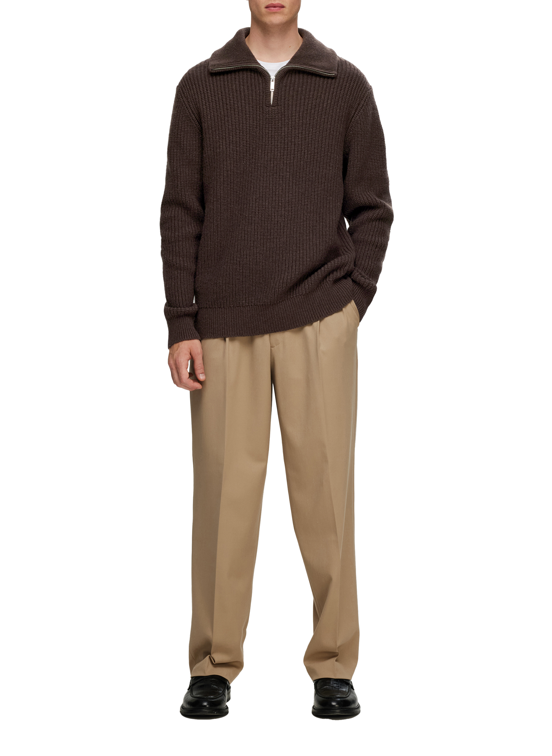 Wool zip-neck jumper SELECTED Brown