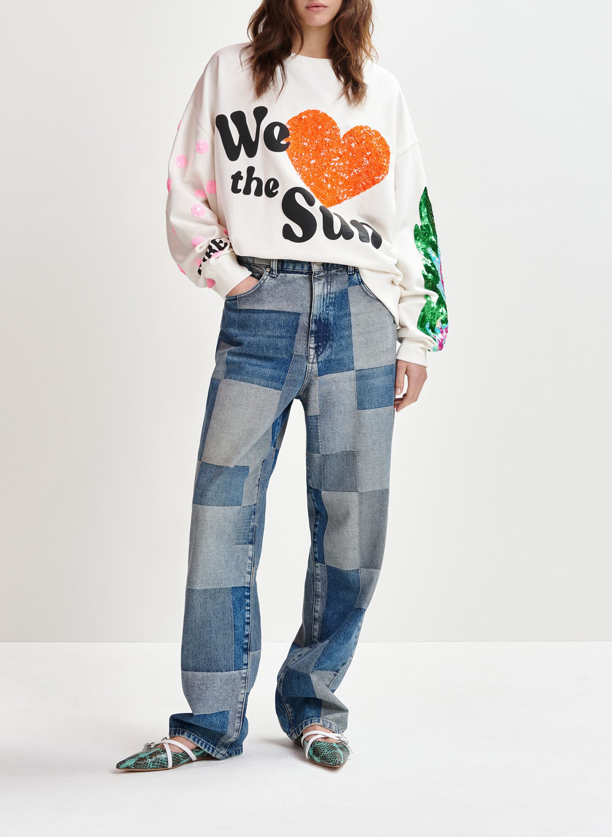 Sweat ample imprimé à broderies paillettes ihexperience ESSENTIEL ANTWERP Blanc