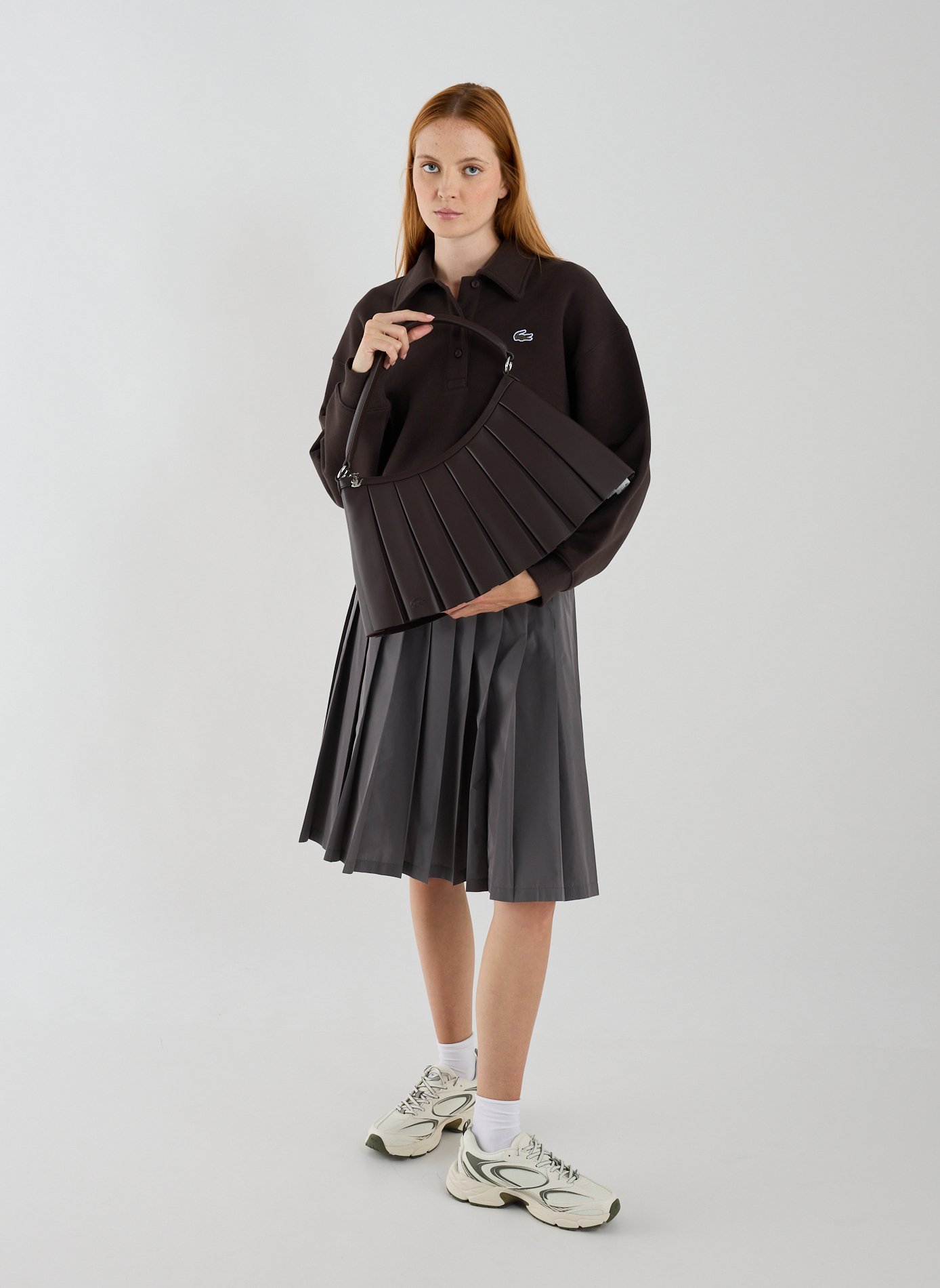 Pleated leather shoulder bag LACOSTE Brown