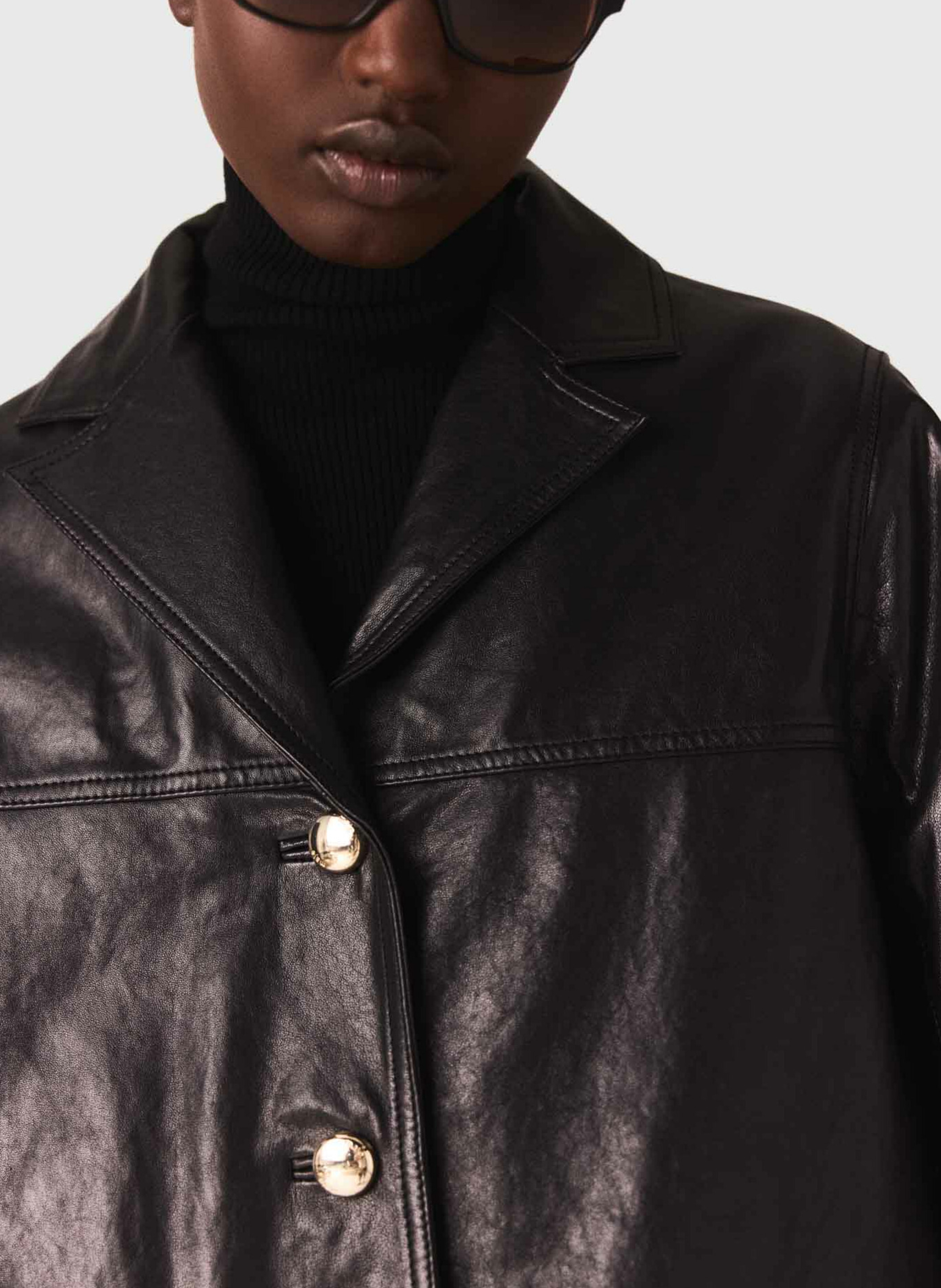 Veste col tailleur en cuir MAJE Noir