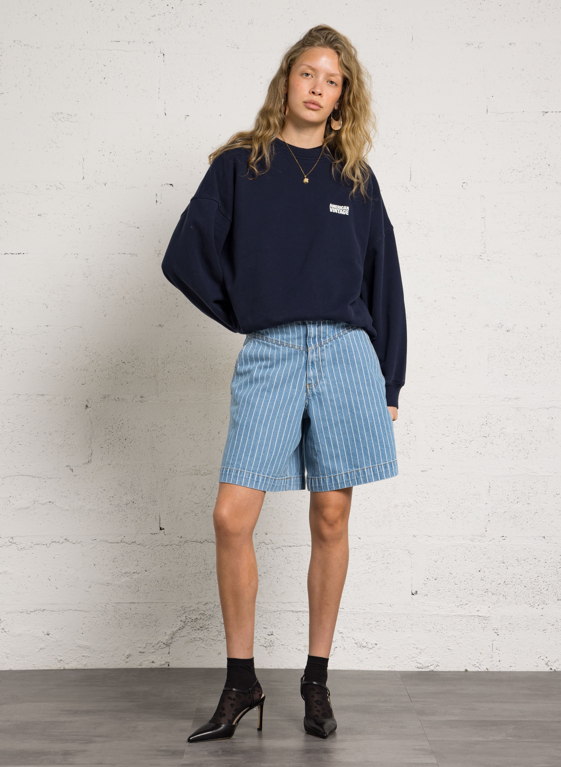 Sweat ample col rond sérigraphié en coton plizzy AMERICAN VINTAGE Bleu