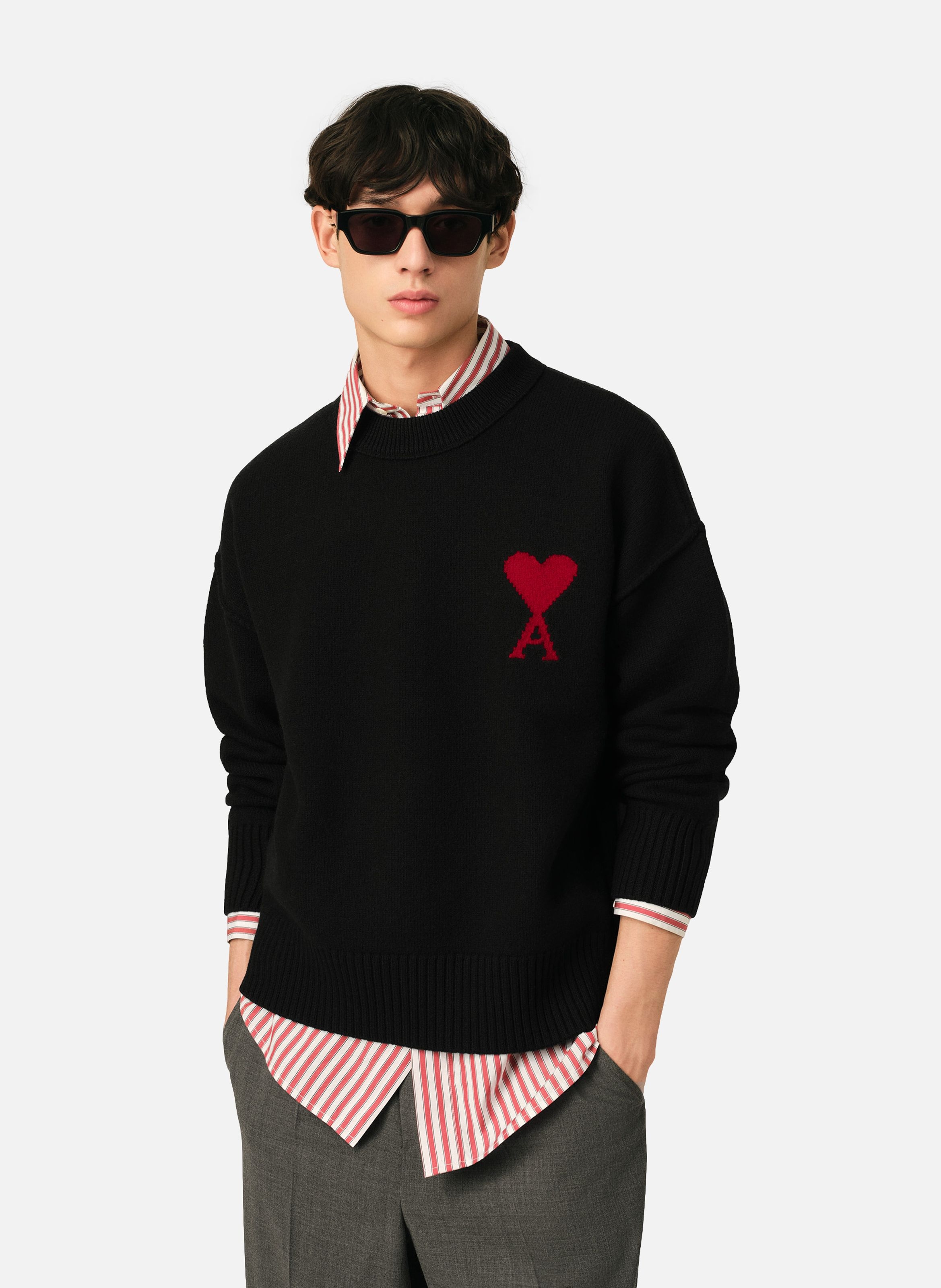 Pull col rond ami de coeur en laine unisexe AMI PARIS Noir