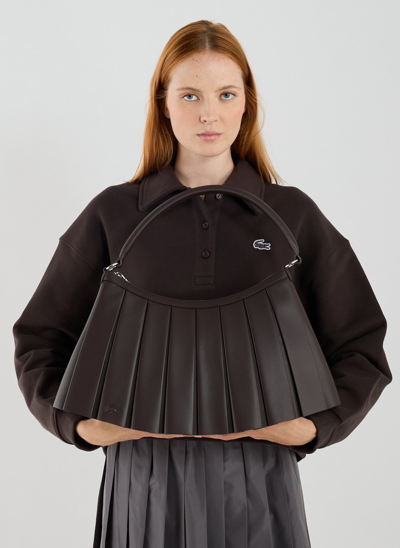 Pleated leather shoulder bag LACOSTE Brown