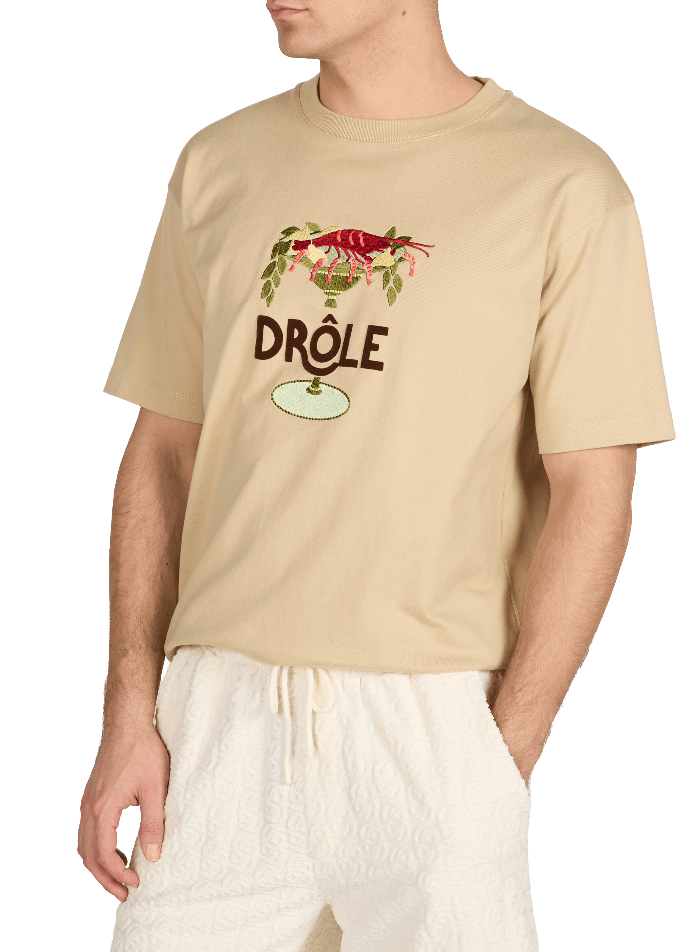 Embroidered round neck cotton T-shirt DROLE DE MONSIEUR Beige