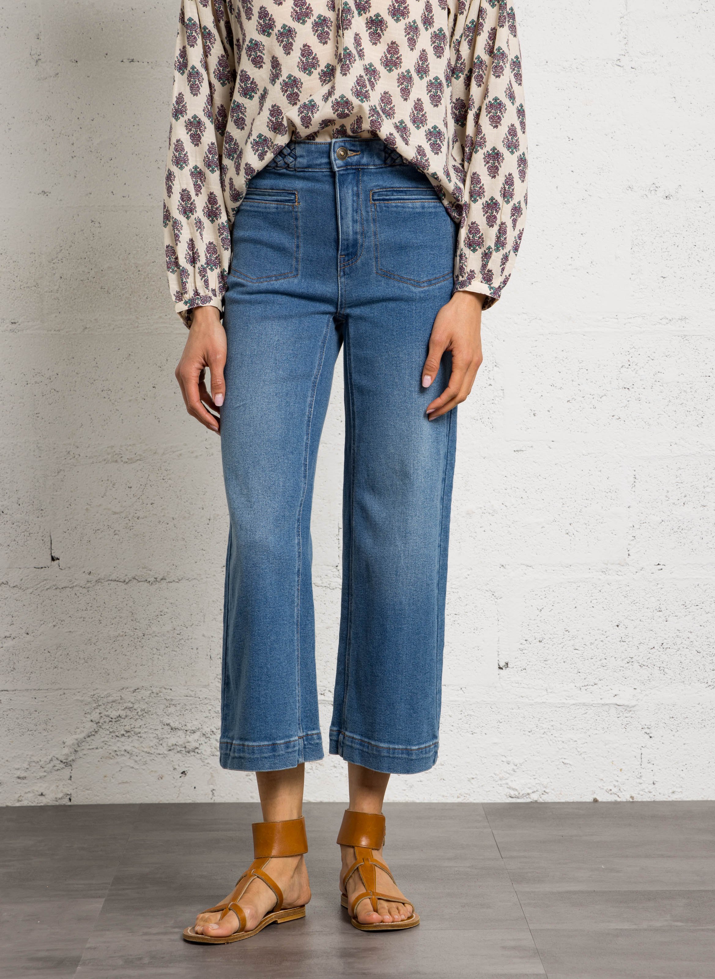 Jean cropped uni à ceinture tressée roma MAISON 123 Bleu