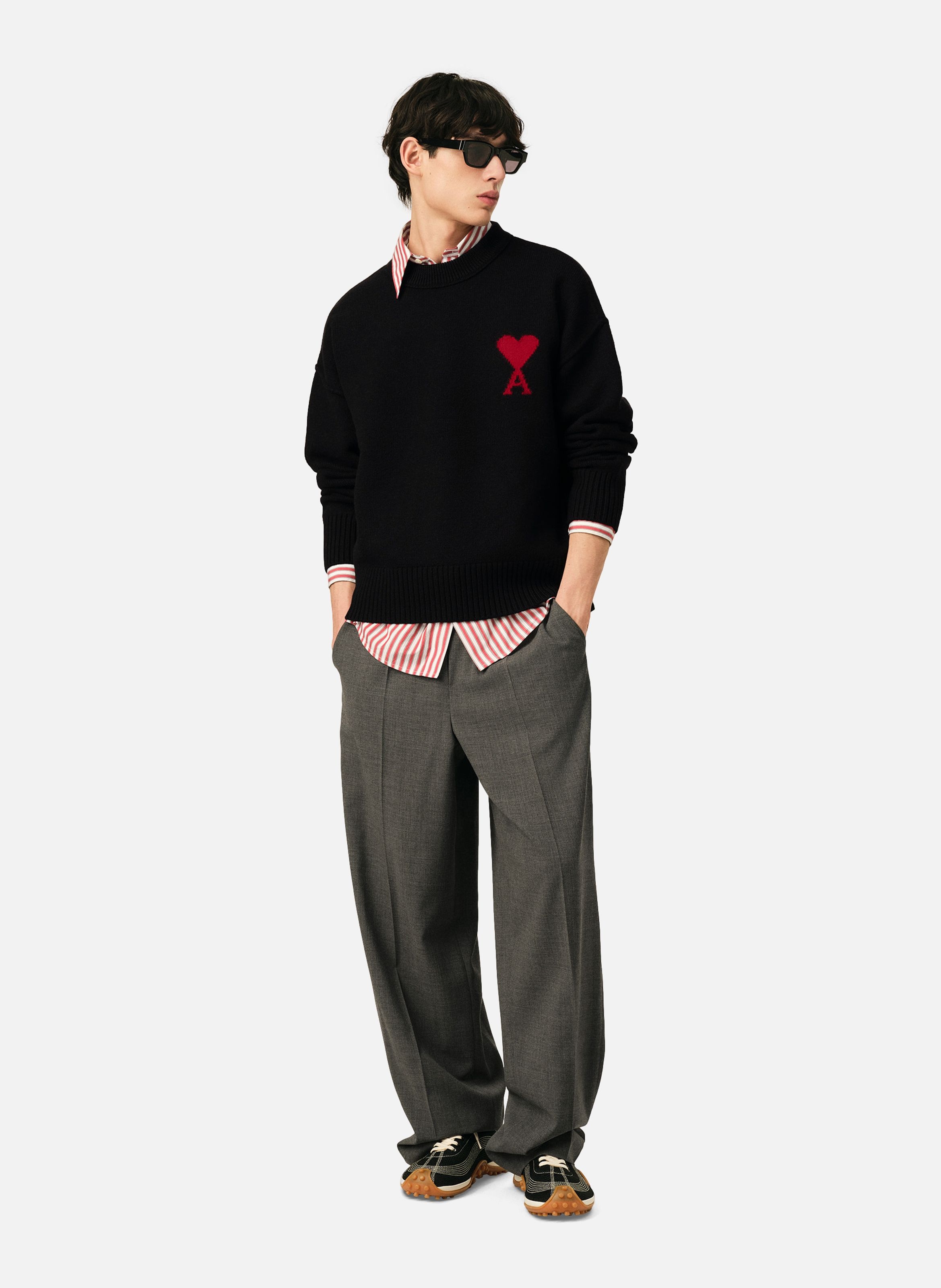 Pull col rond ami de coeur en laine unisexe AMI PARIS Noir