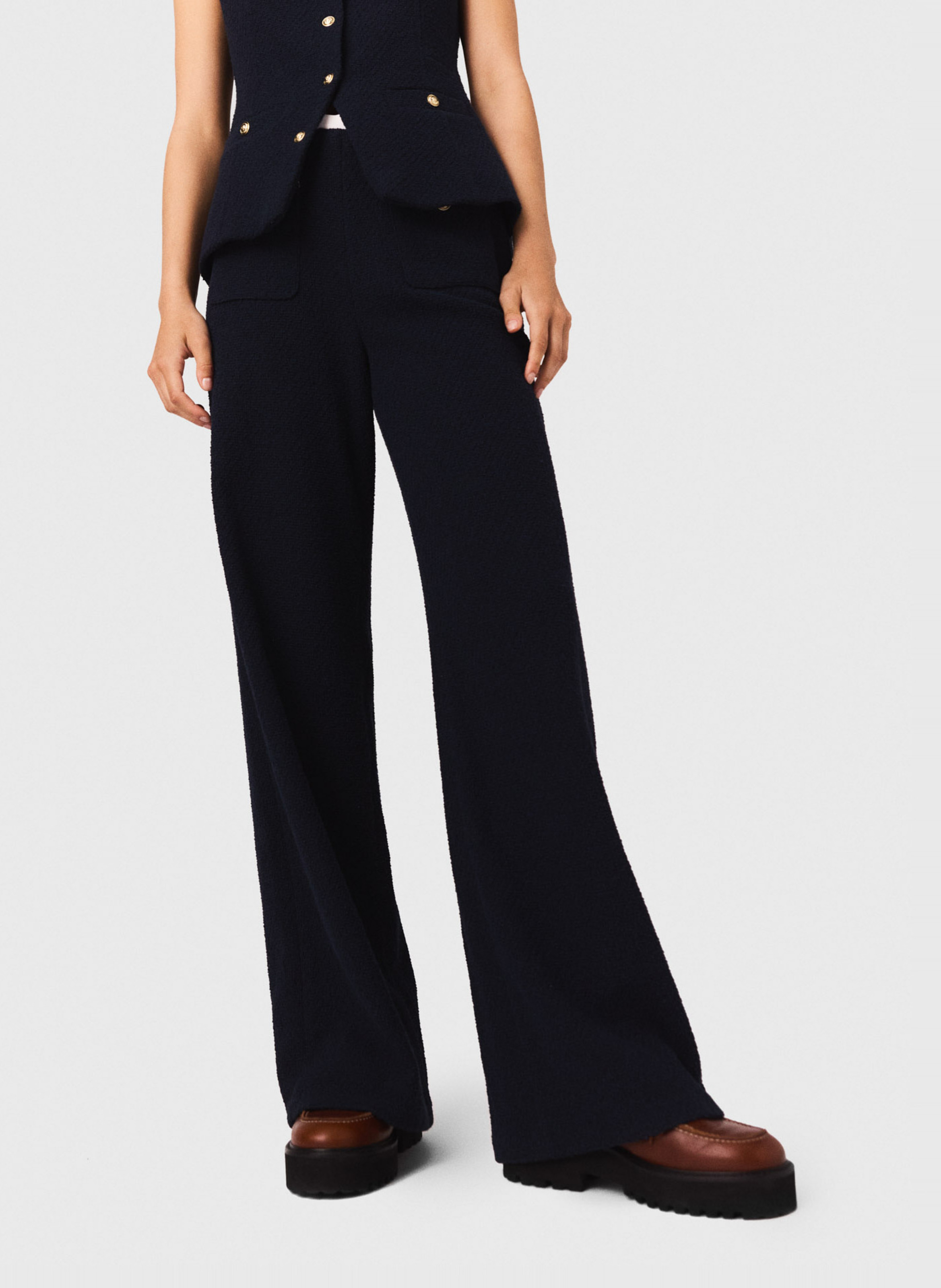 MAJE Pantalon large effet tweed uni Bleu