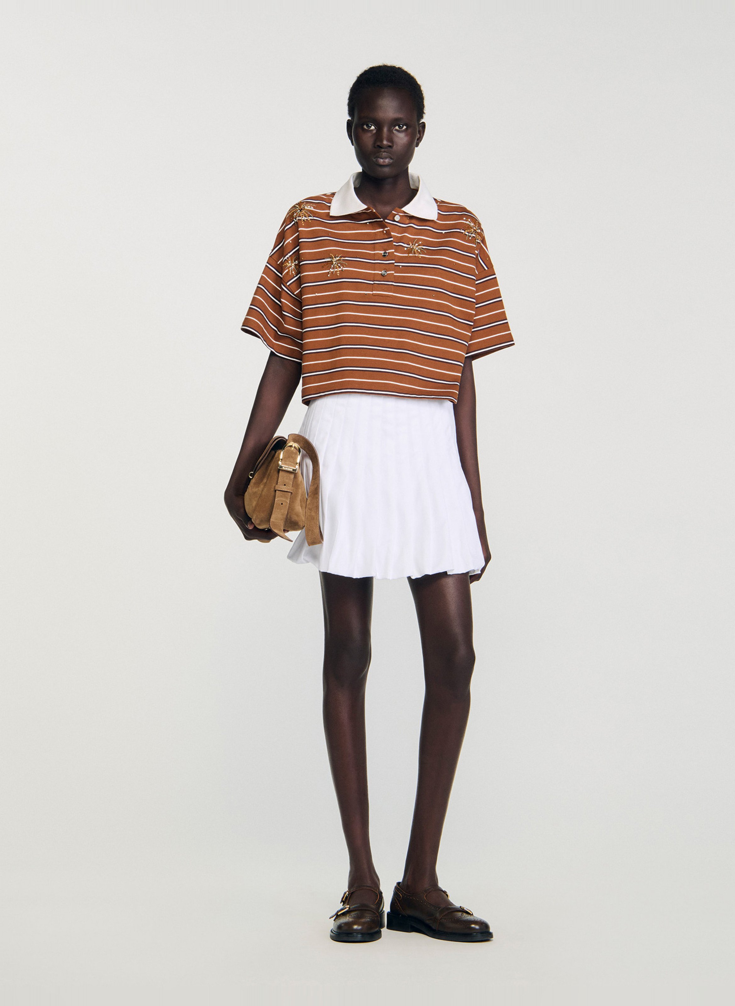 Tee-shirt rayé en coton col classique Marron