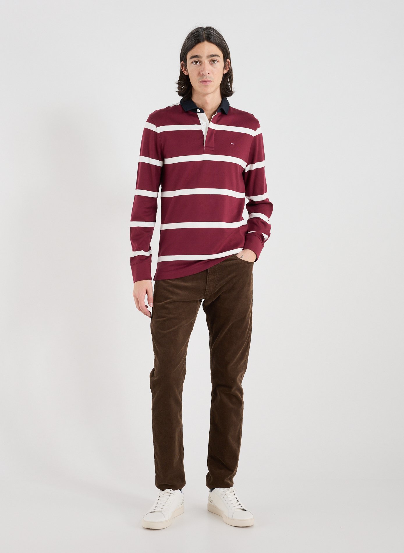 Striped long-sleeve cotton polo EDEN PARK Red