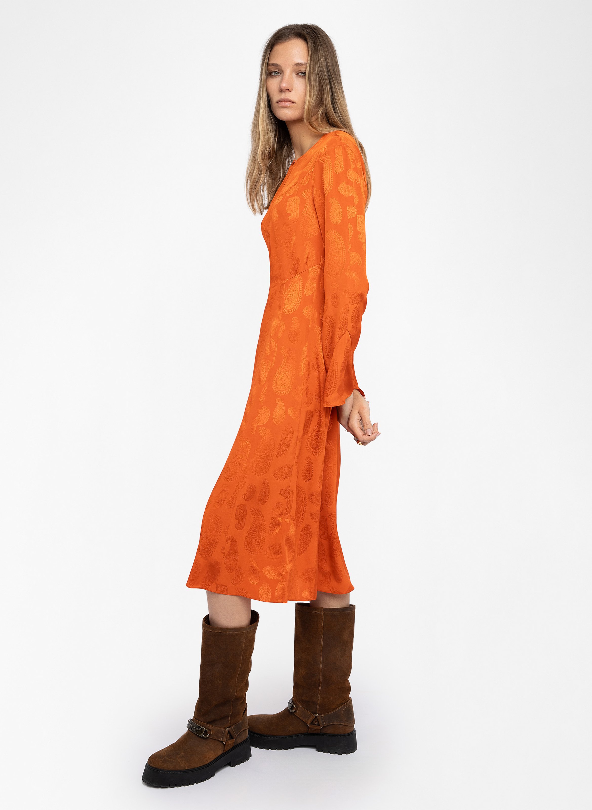 Robe midi col rond en soie imprimée randon ZADIG&VOLTAIRE Orange