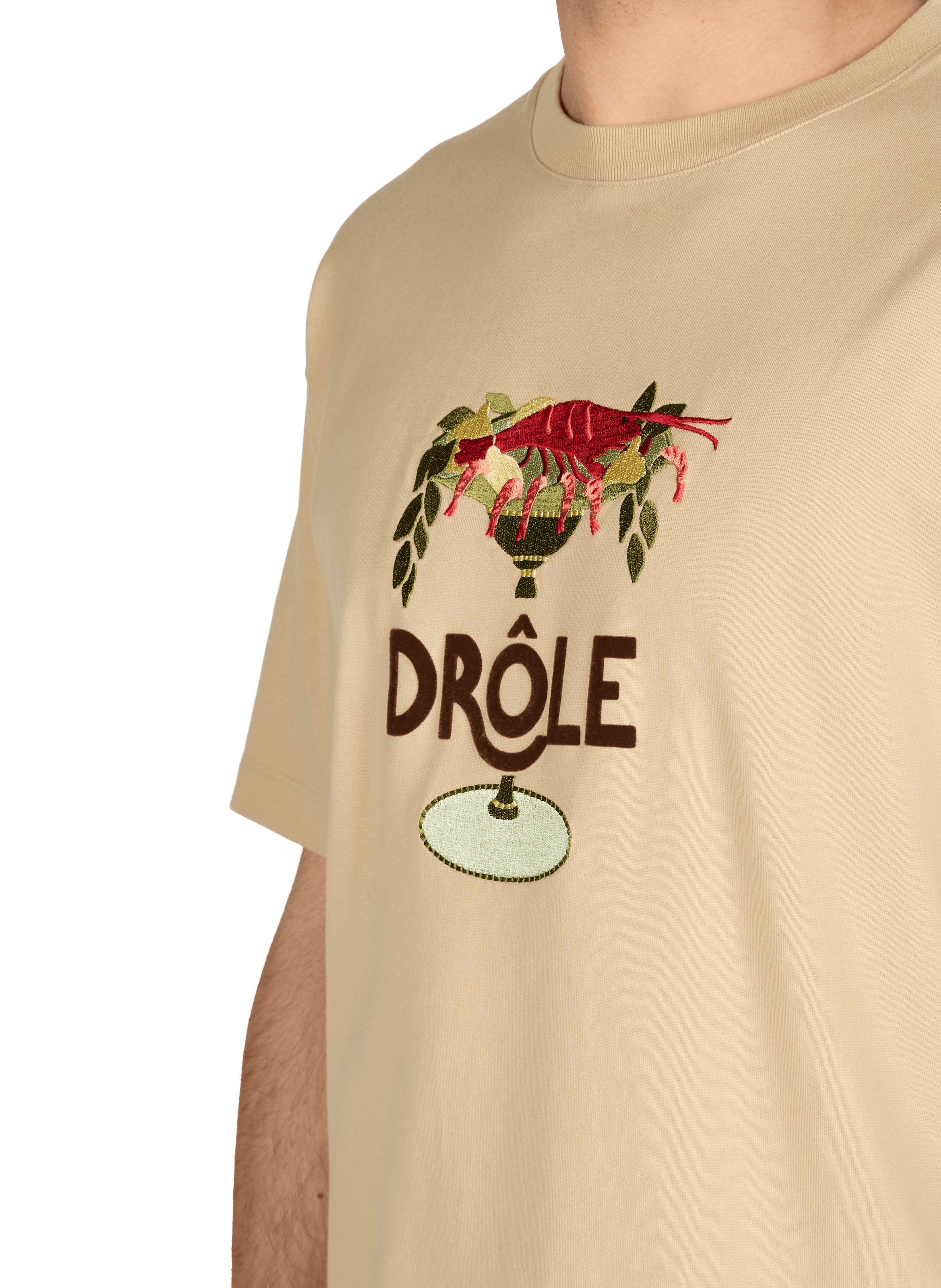 Embroidered round neck cotton T-shirt DROLE DE MONSIEUR Beige