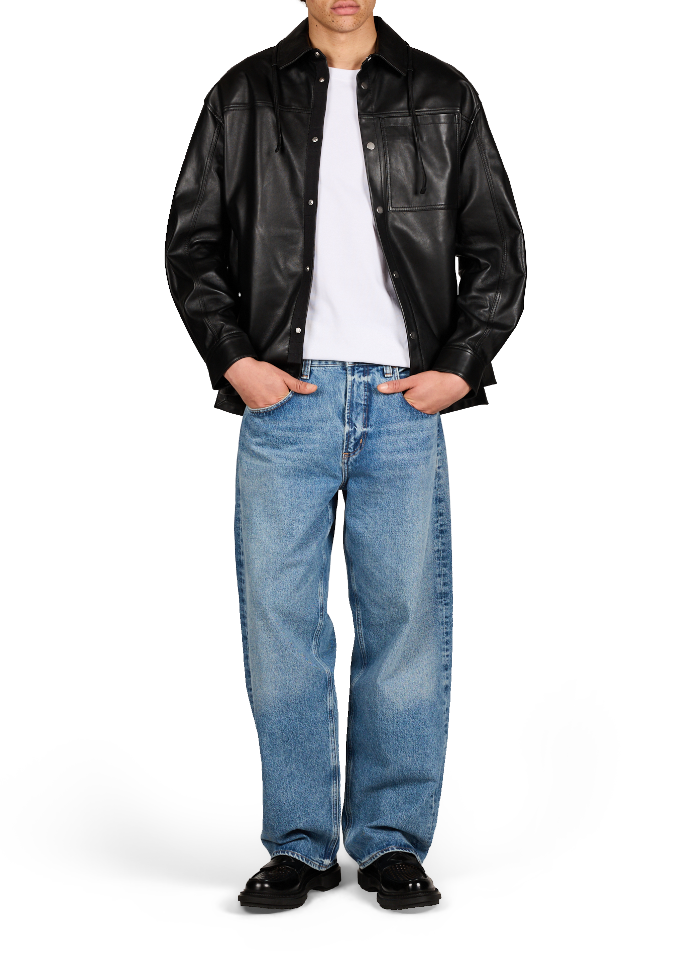 Blouson droit boutonné en cuir MORDECAI Noir