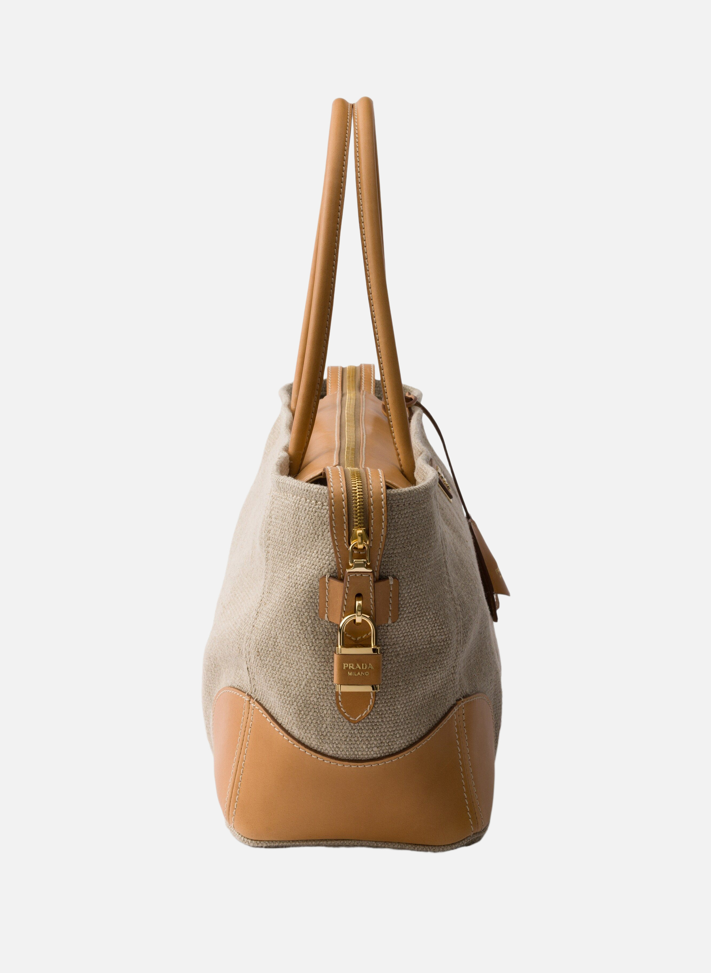 Grand cabas en lin et cuir PRADA Beige