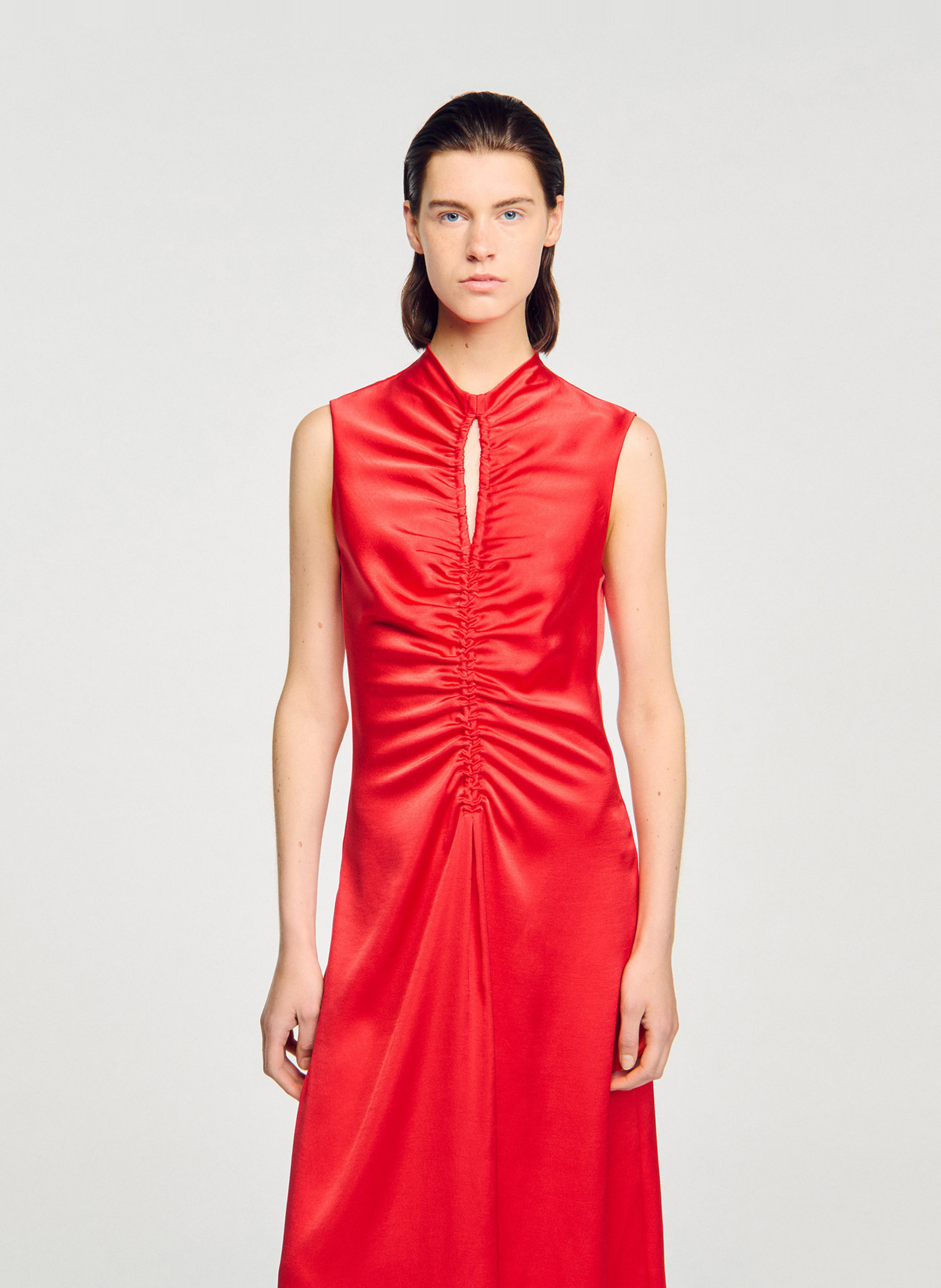 Robe longue col rond satinée SANDRO Rouge