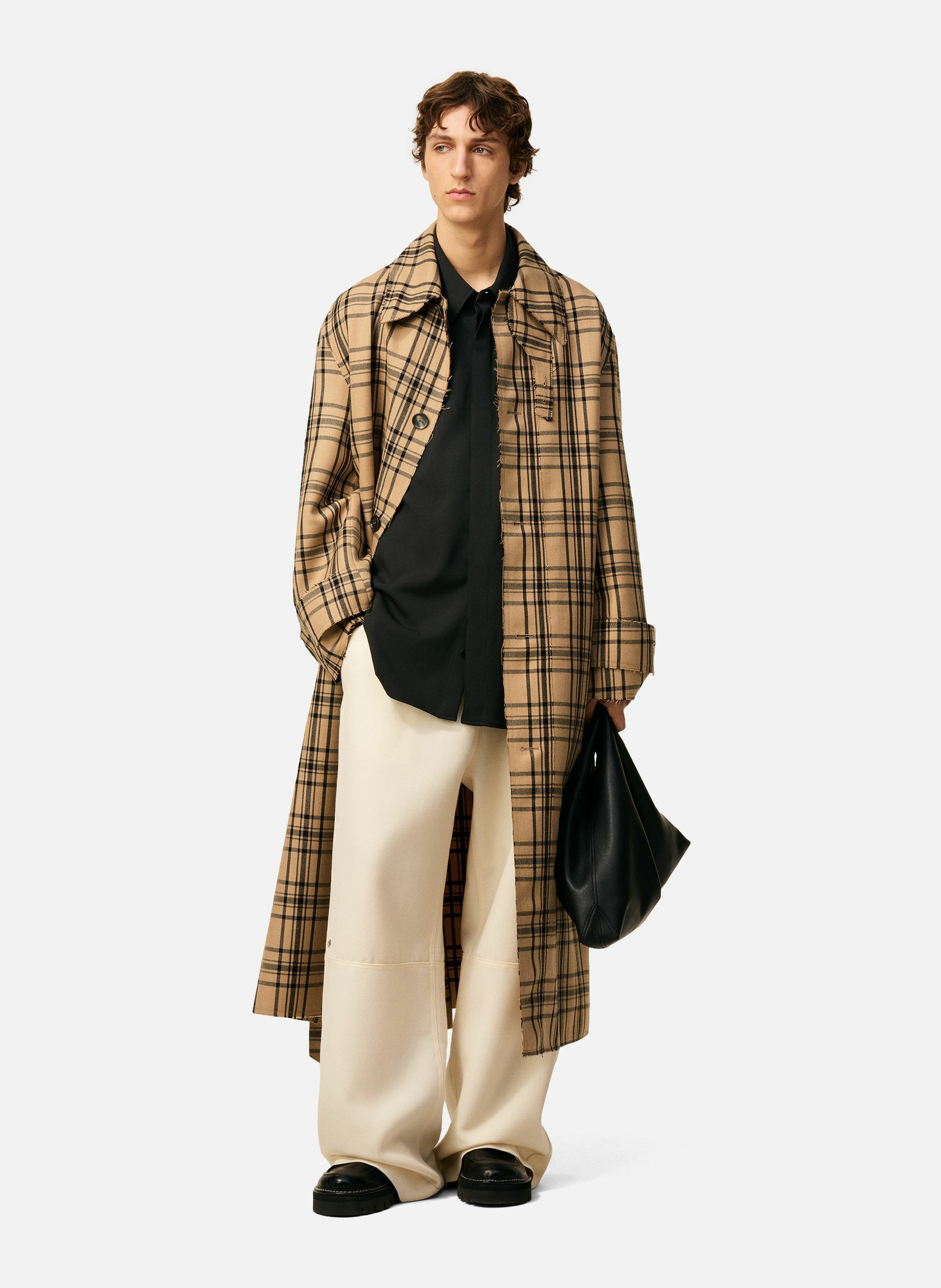 Mac ceinturé a carreaux en laine unisexe Marron