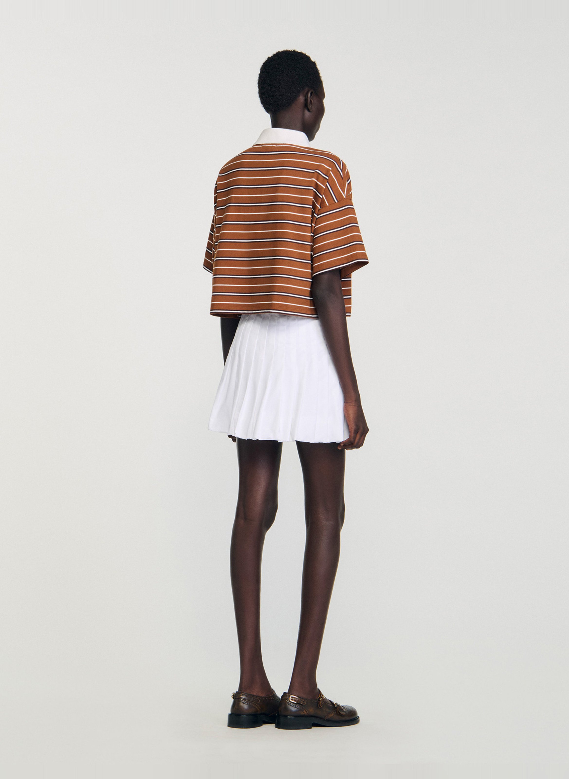 Tee-shirt rayé en coton col classique Marron