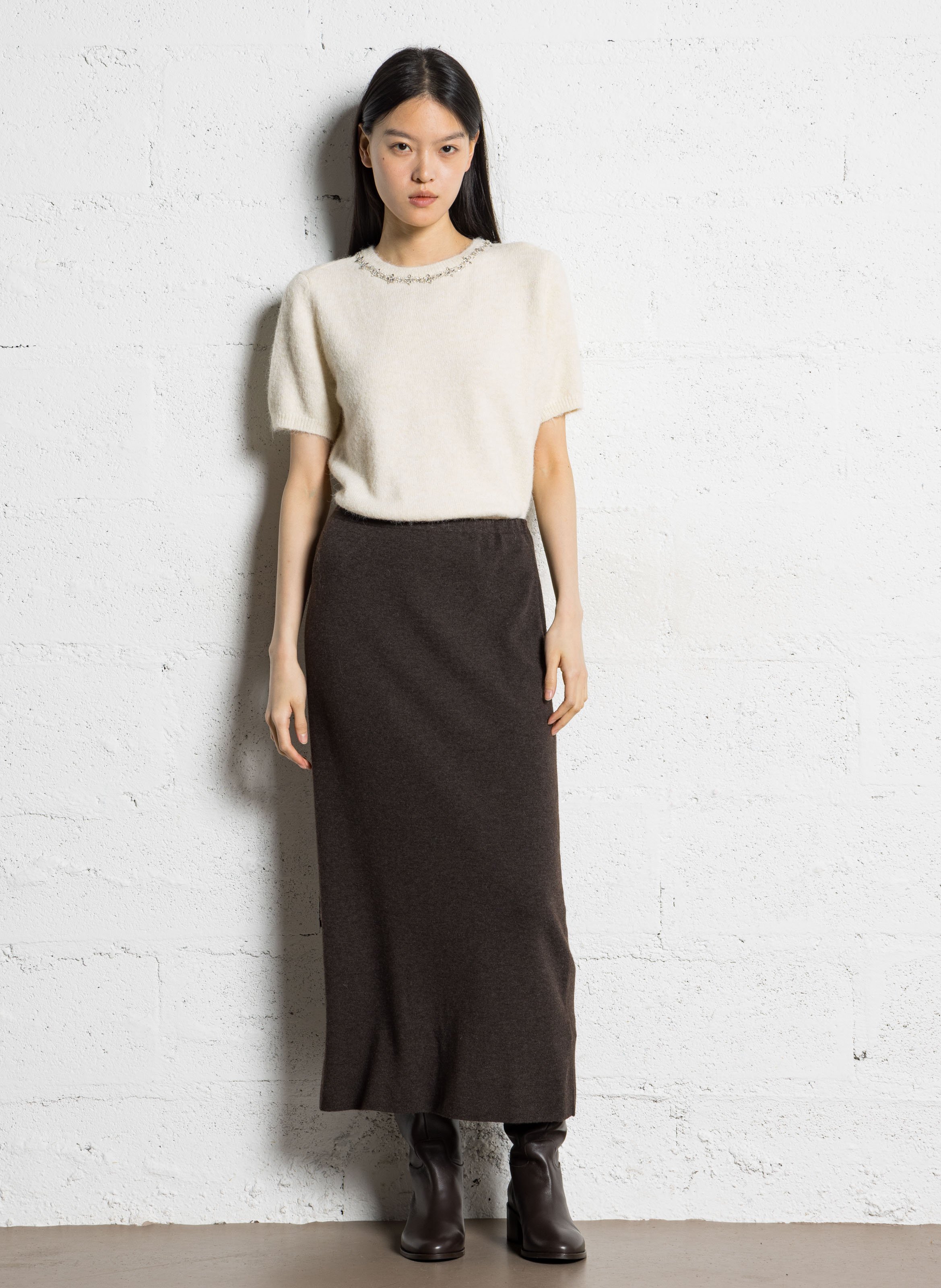 Jupe midi droite en maille charlotte MAISON 123 Marron