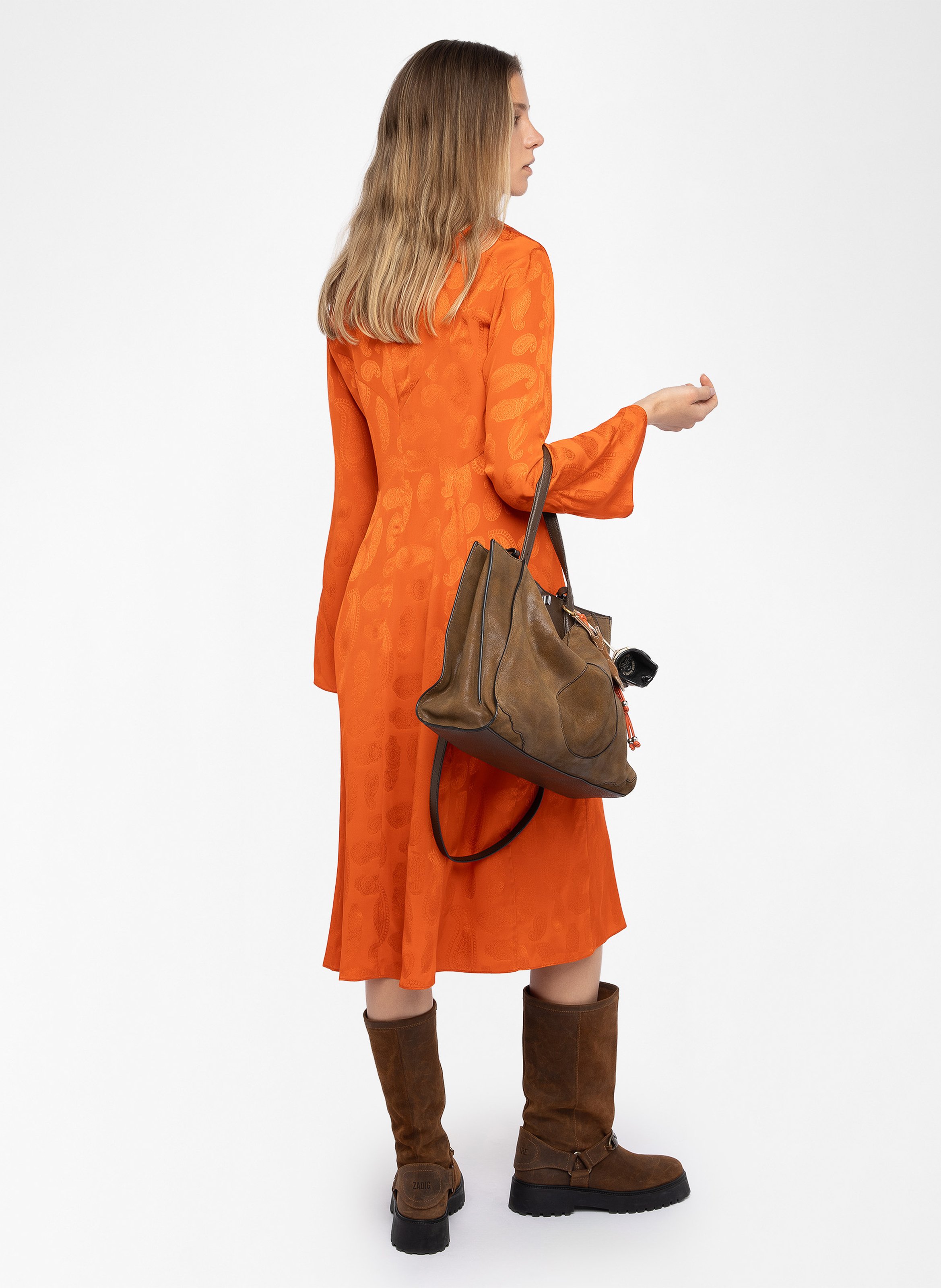 Robe midi col rond en soie imprimée randon ZADIG&VOLTAIRE Orange