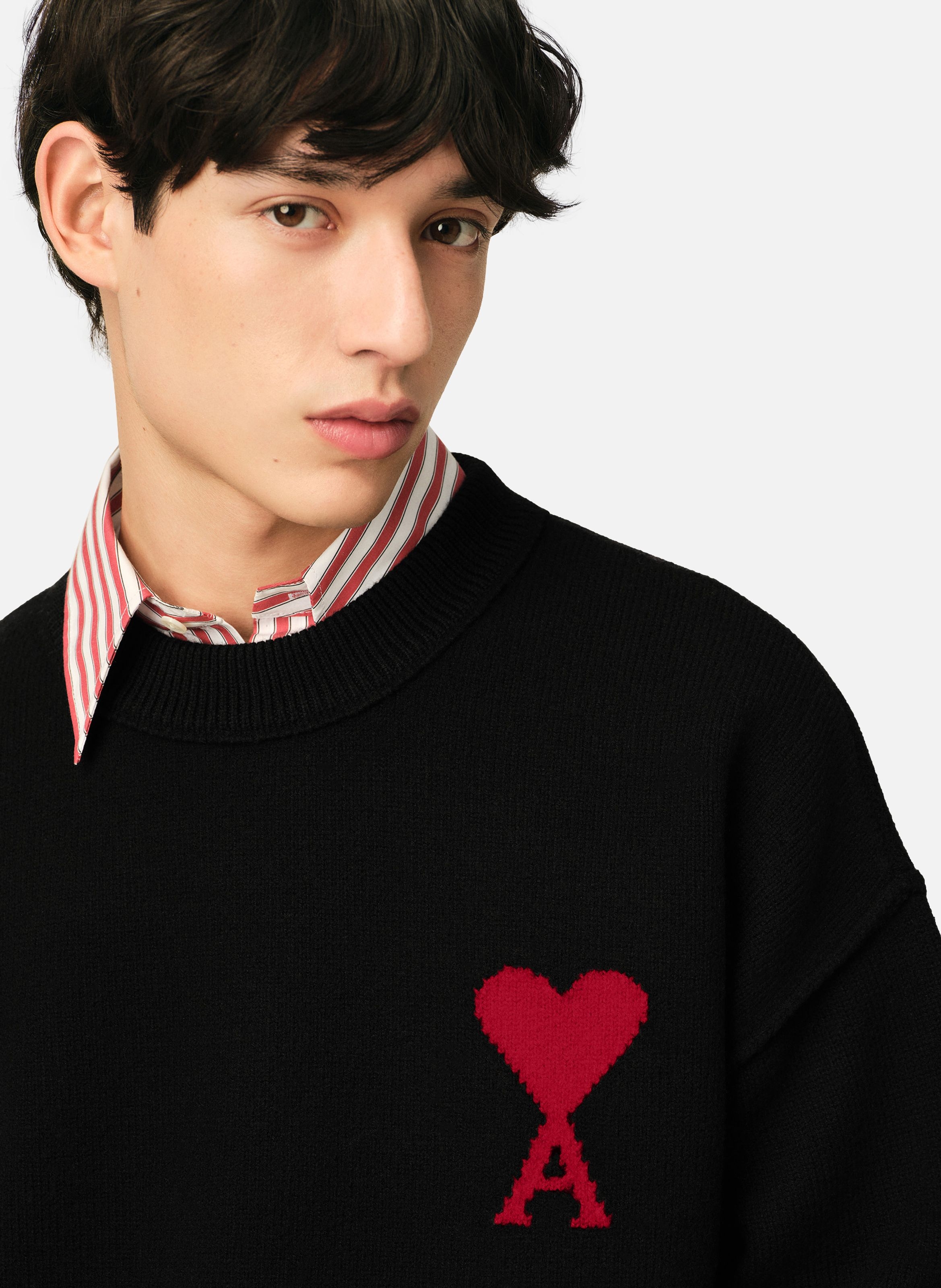 Pull col rond ami de coeur en laine unisexe AMI PARIS Noir