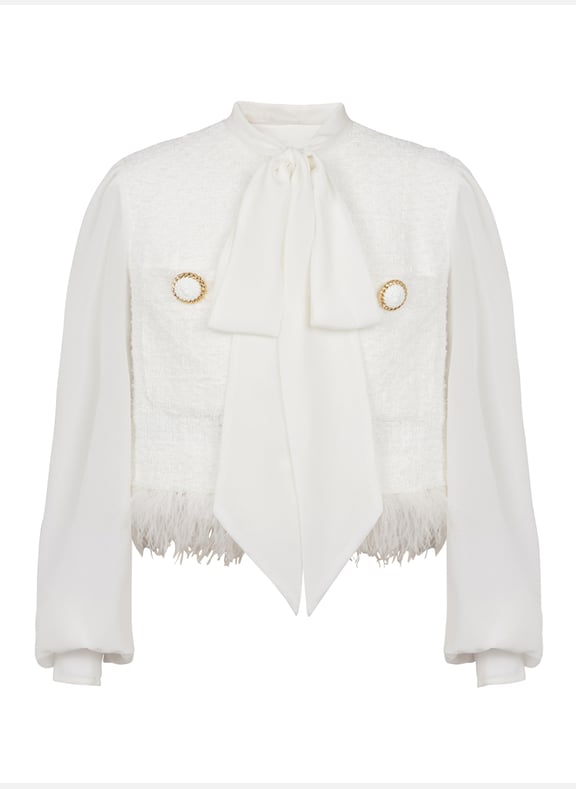 Veste bi-matière en tweed et crêpe Blanc by BALMAIN BALMAIN Veste bi-matière en tweed et crêpe Blanc