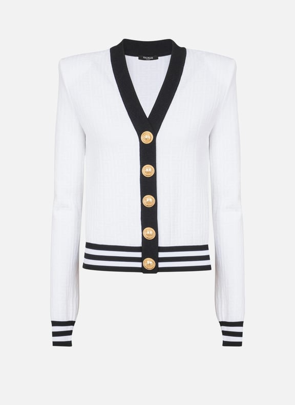 Cardigan bicolore en maille monogrammée Blanc by BALMAIN BALMAIN Cardigan bicolore en maille monogrammée Blanc