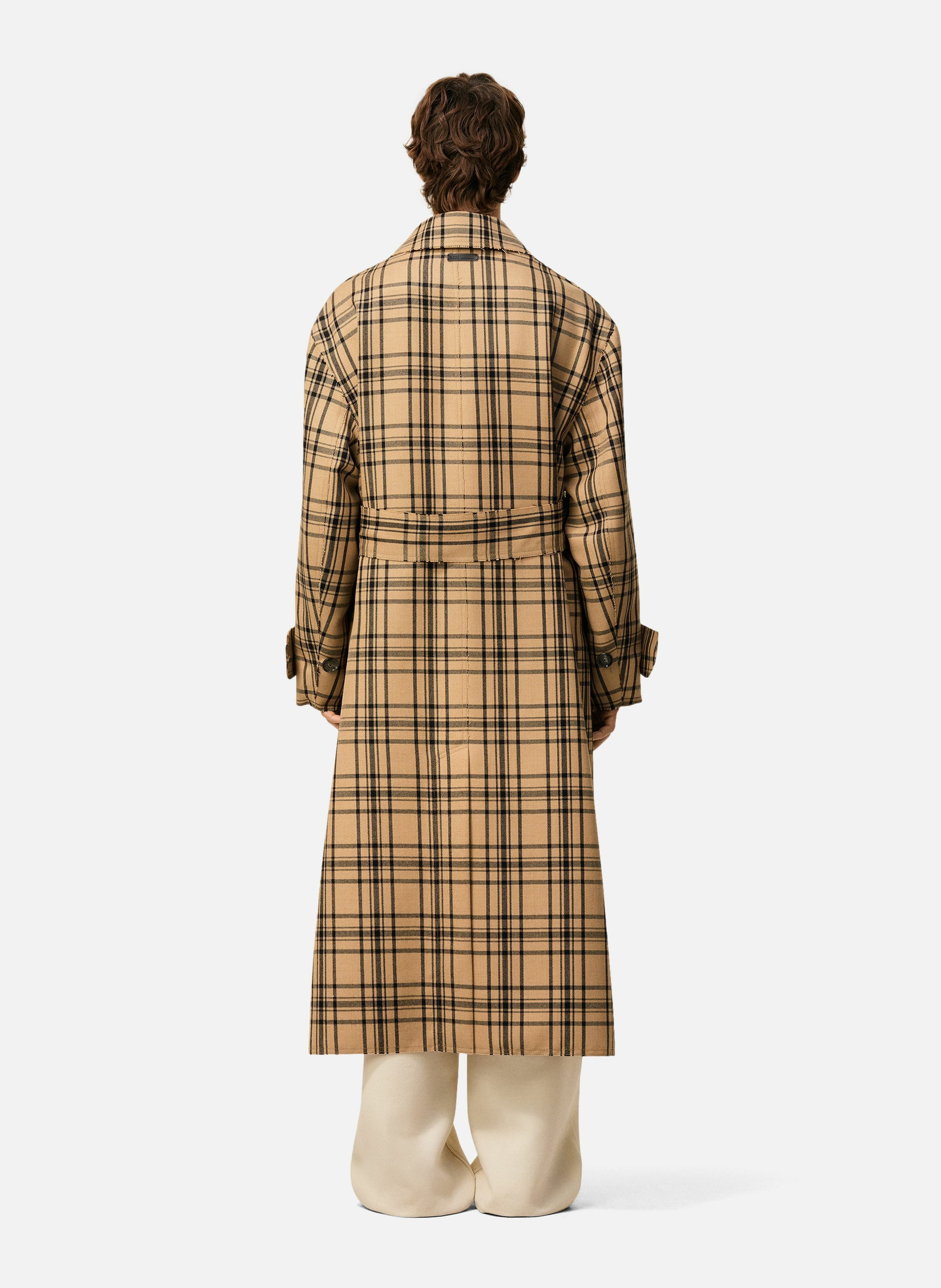 Mac ceinturé a carreaux en laine unisexe Marron