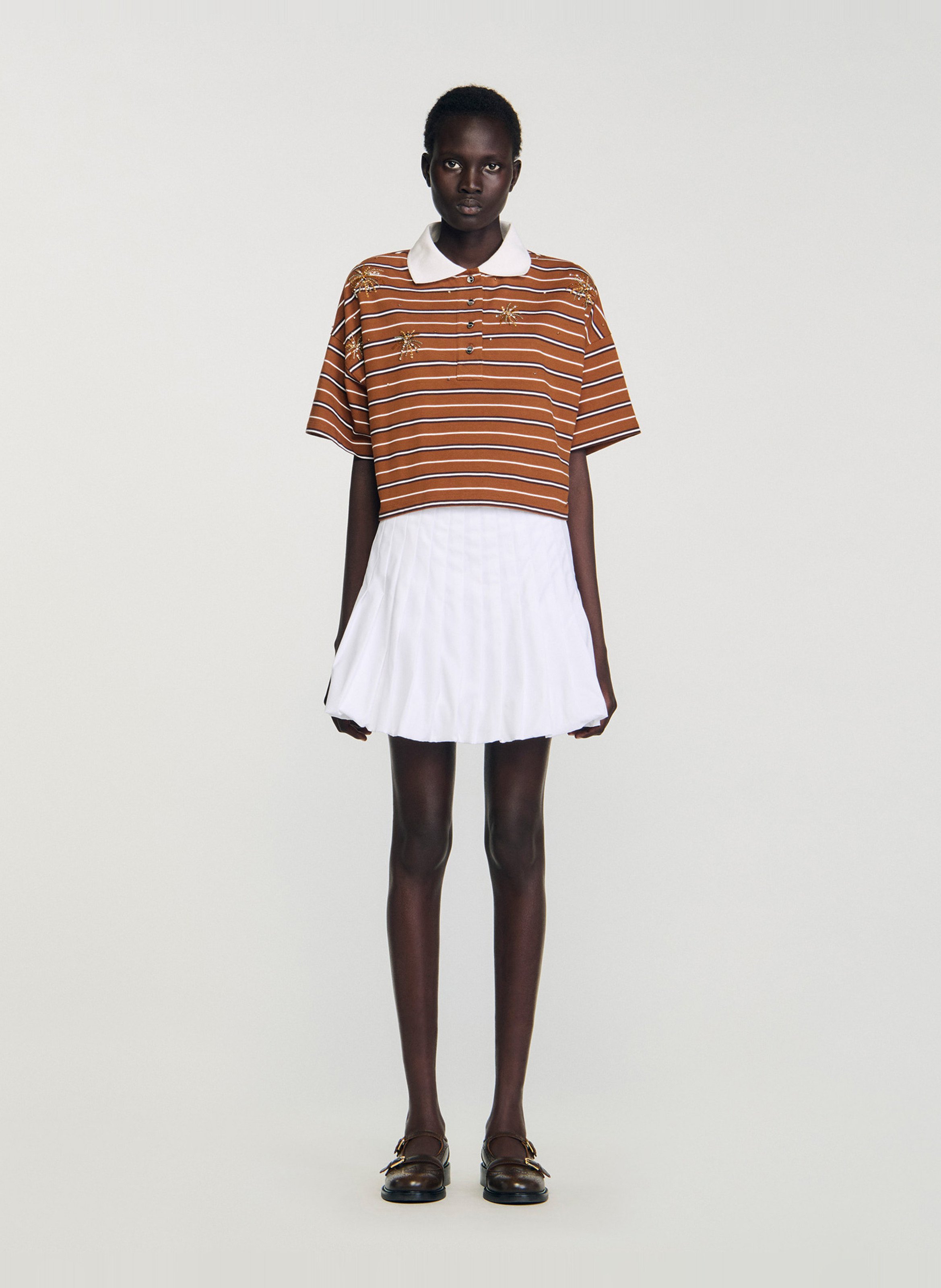 Tee-shirt rayé en coton col classique Marron