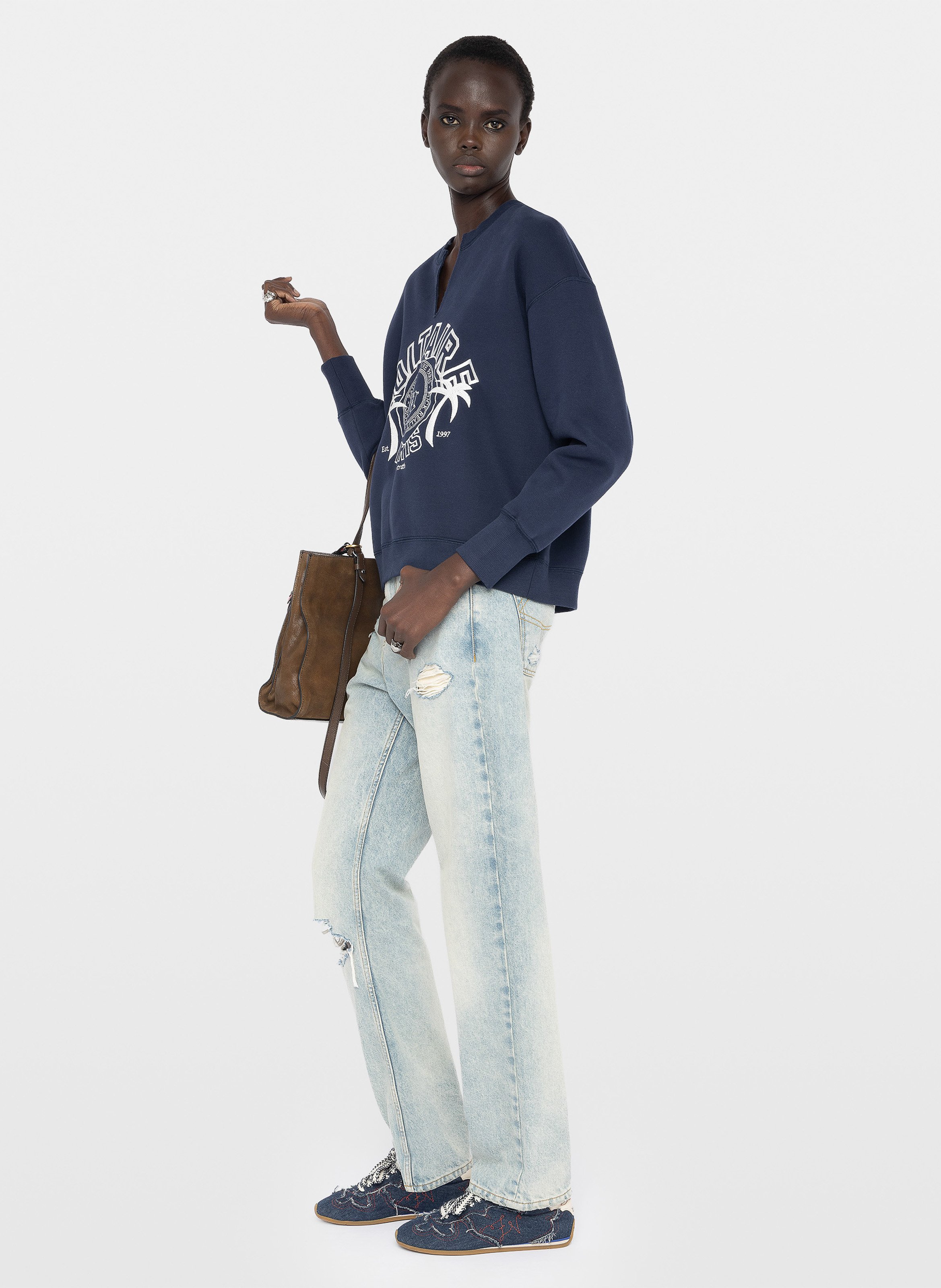 Sweat col rond droit brodé olive ZADIG&VOLTAIRE Bleu