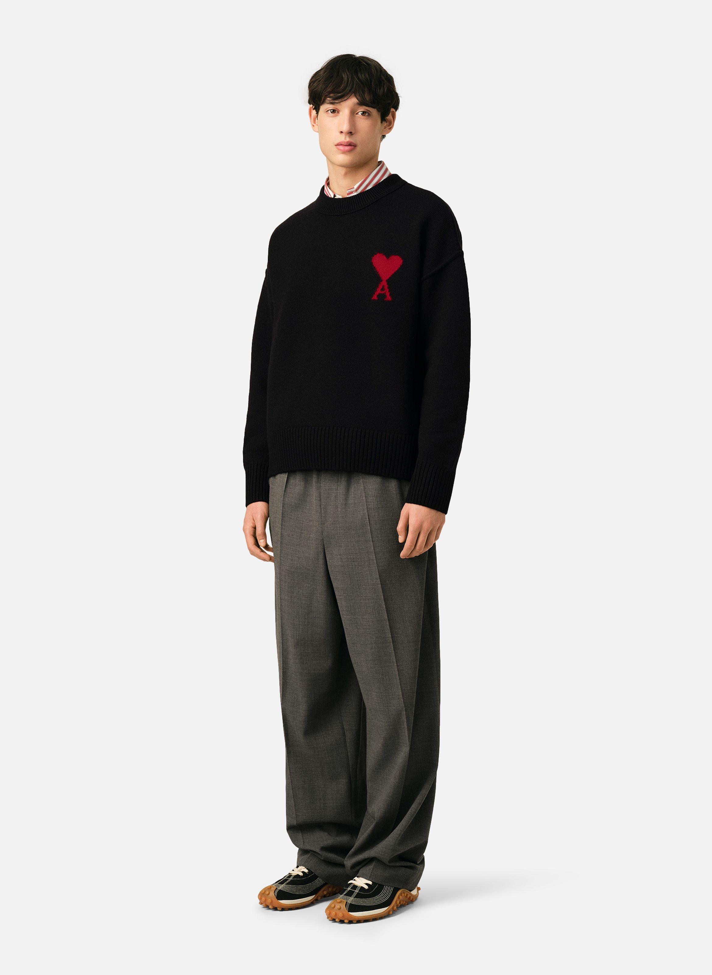 Pull col rond ami de coeur en laine unisexe AMI PARIS Noir