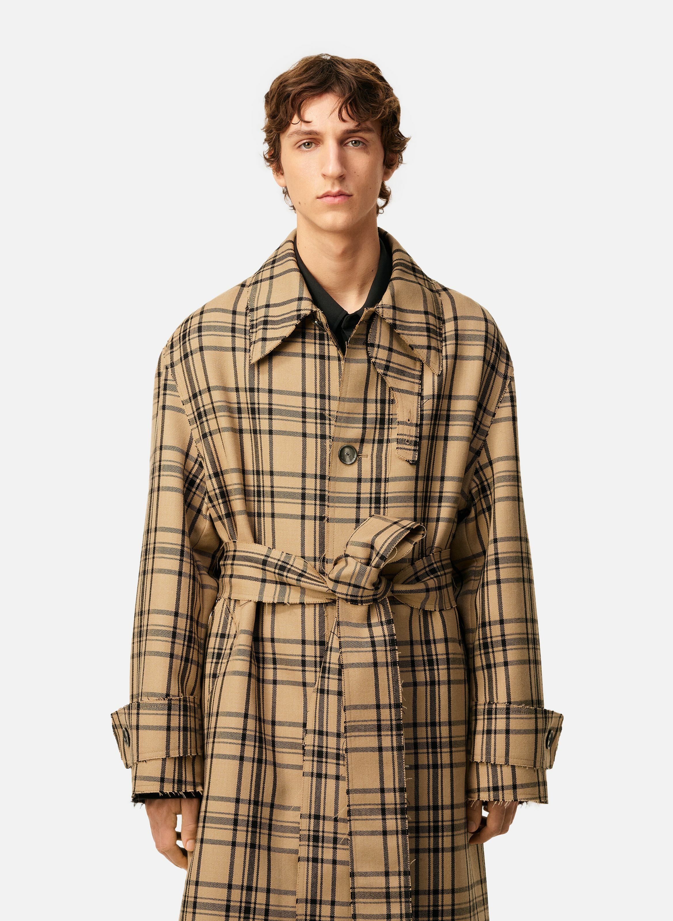 Mac ceinturé a carreaux en laine unisexe Marron