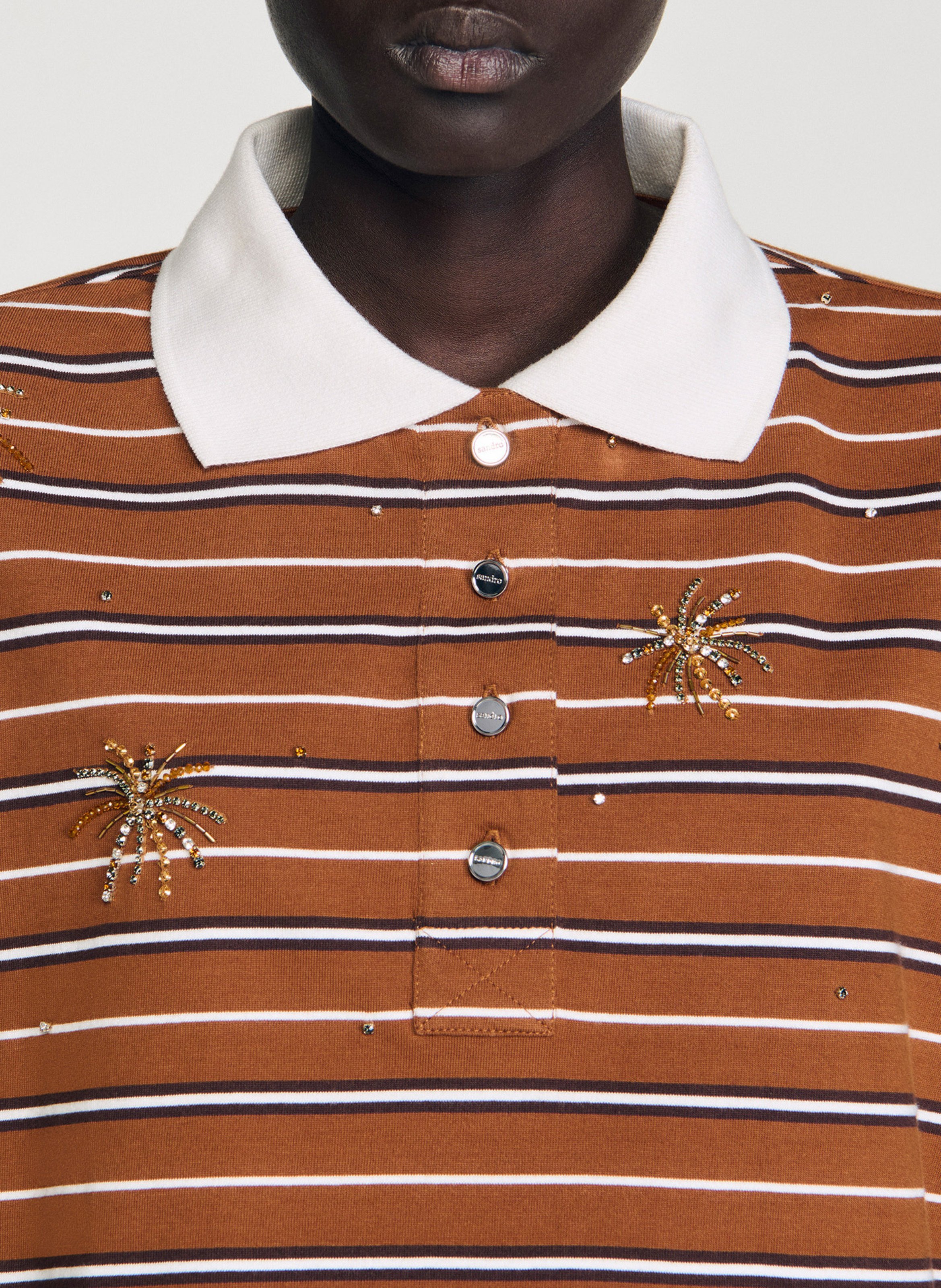 Tee-shirt rayé en coton col classique Marron