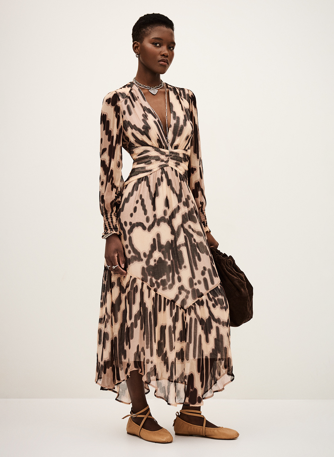 BA&SH Robe midi imprimée décolleté v amor Rose
